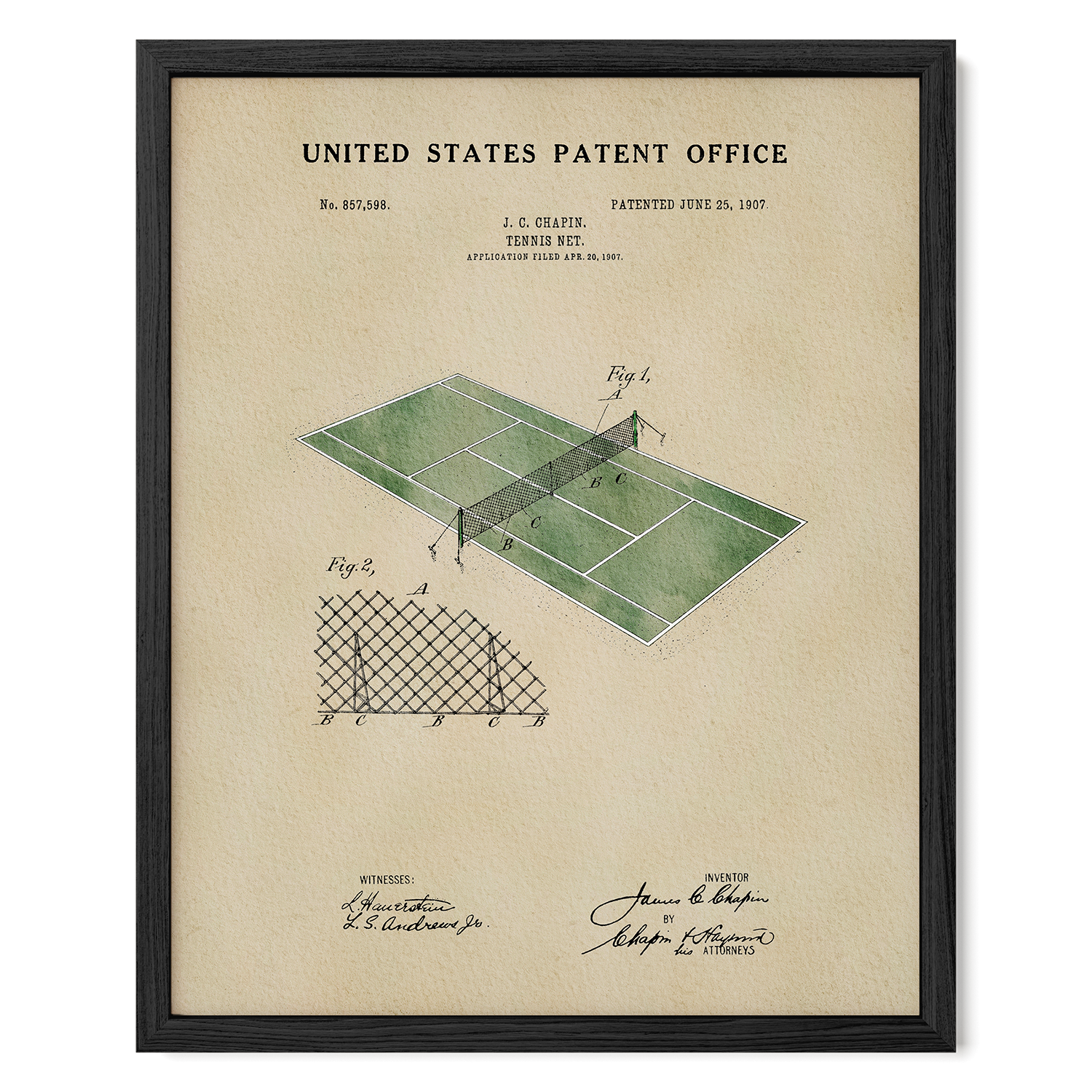 The image is a framed print depicting a tennis court with a patent from the United States Patent Office dated June 25, 1907.