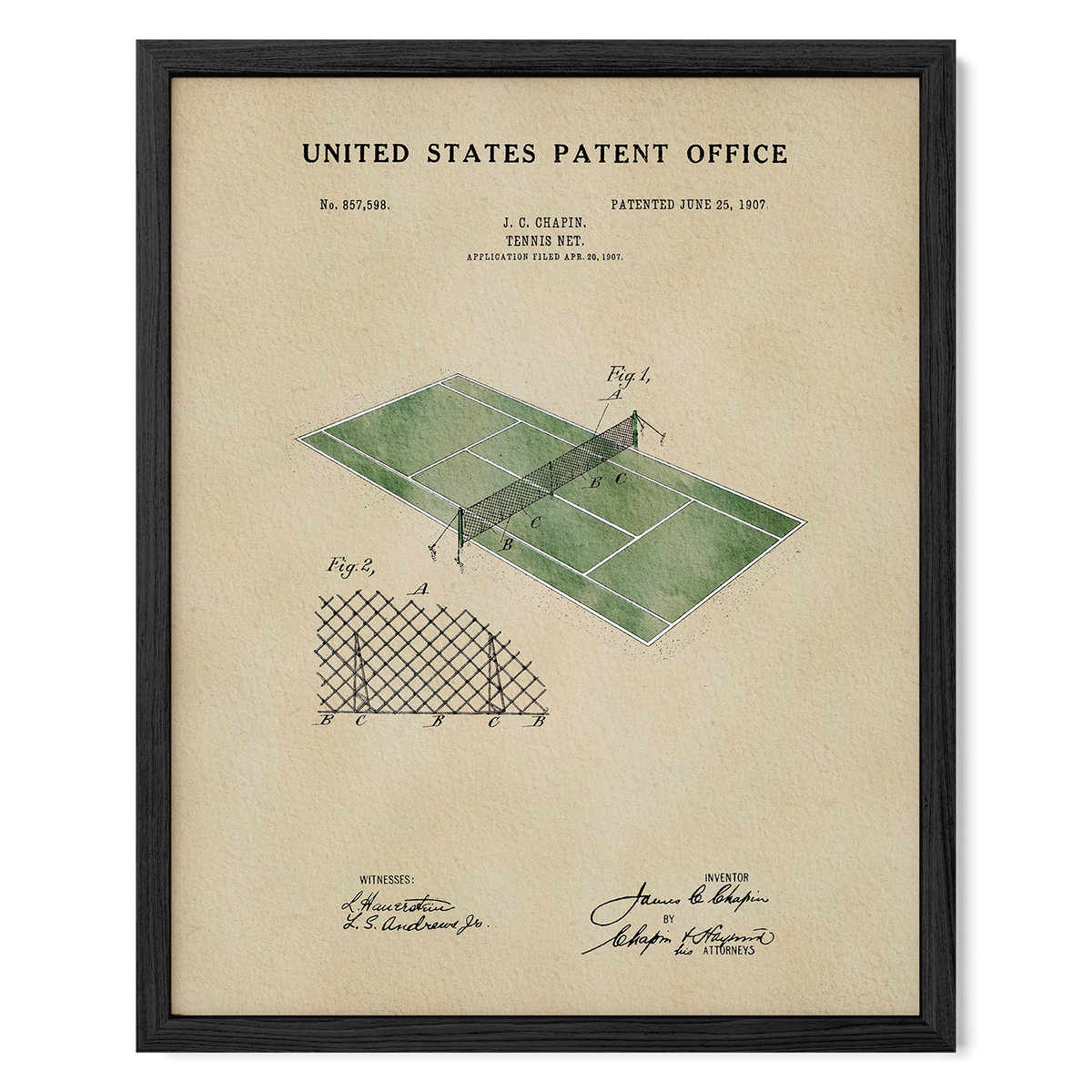 The image is a framed print depicting a tennis court with a patent from the United States Patent Office dated June 25, 1907.