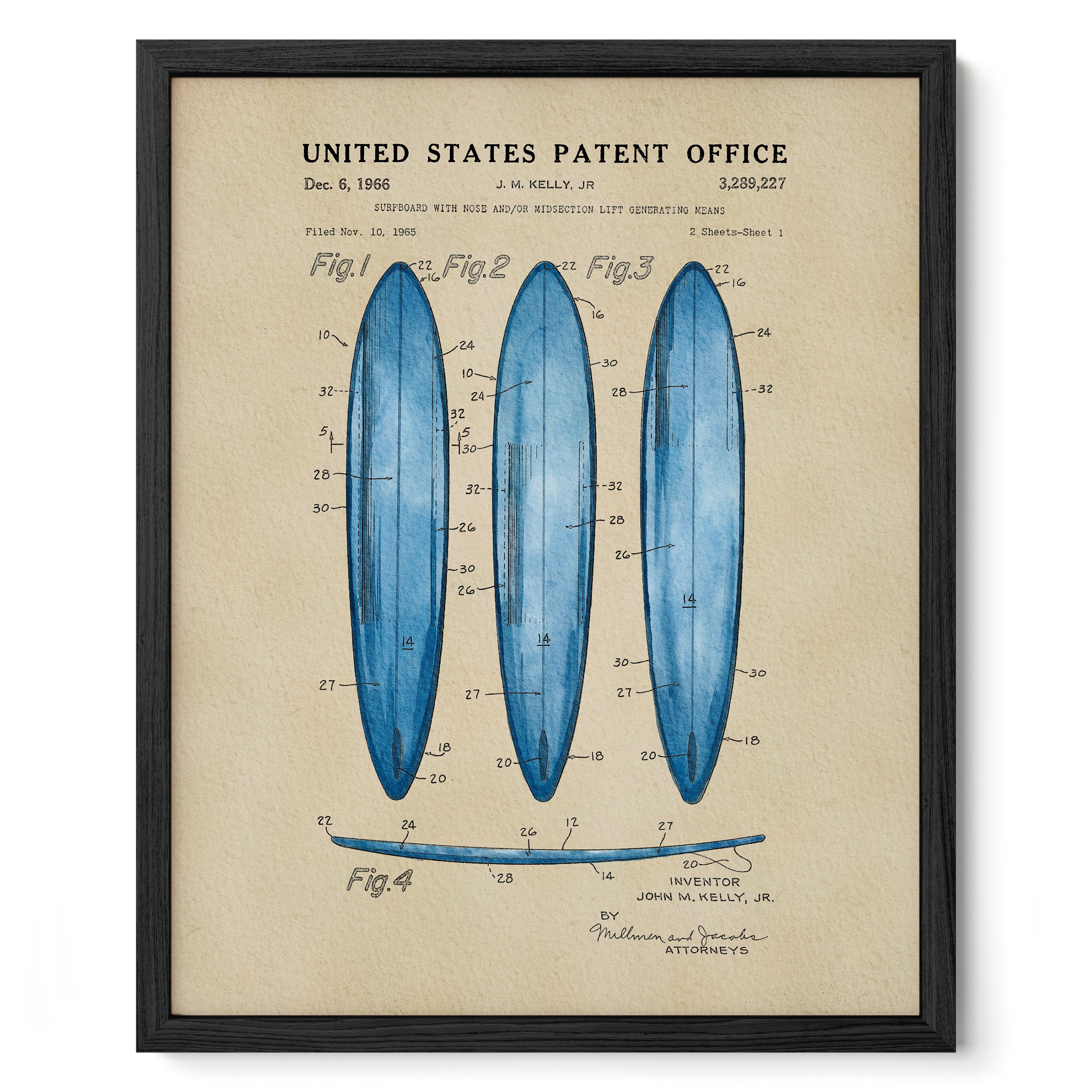 The image is a framed print featuring a technical drawing of three blue surfboards, along with their respective patent applications.