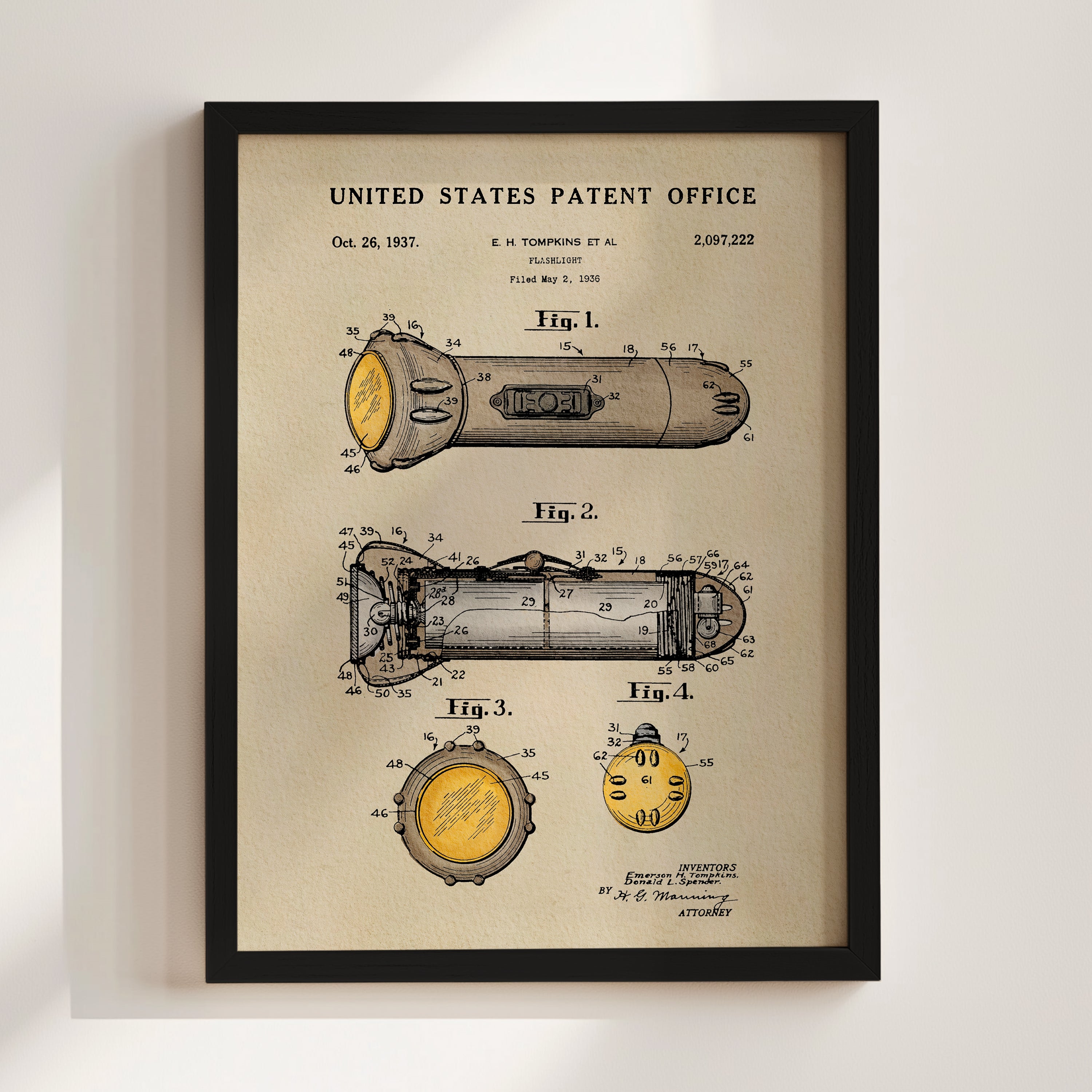 The image is a framed patent drawing depicting a flashlight, with detailed technical drawings and labels.
