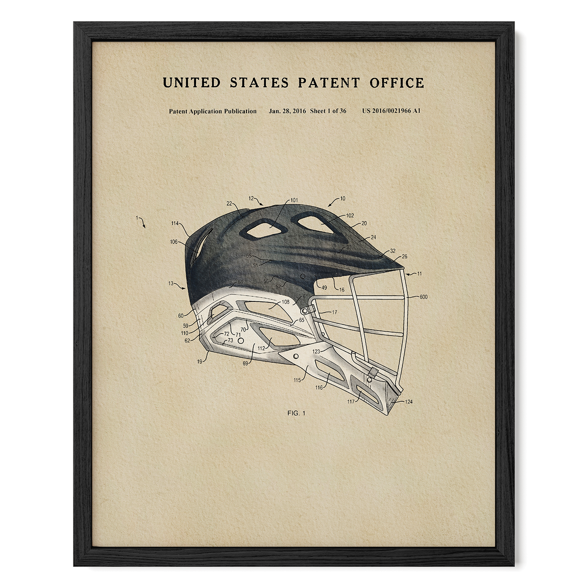 A framed patent drawing of a lacrosse helmet, depicting the design and features of the helmet.