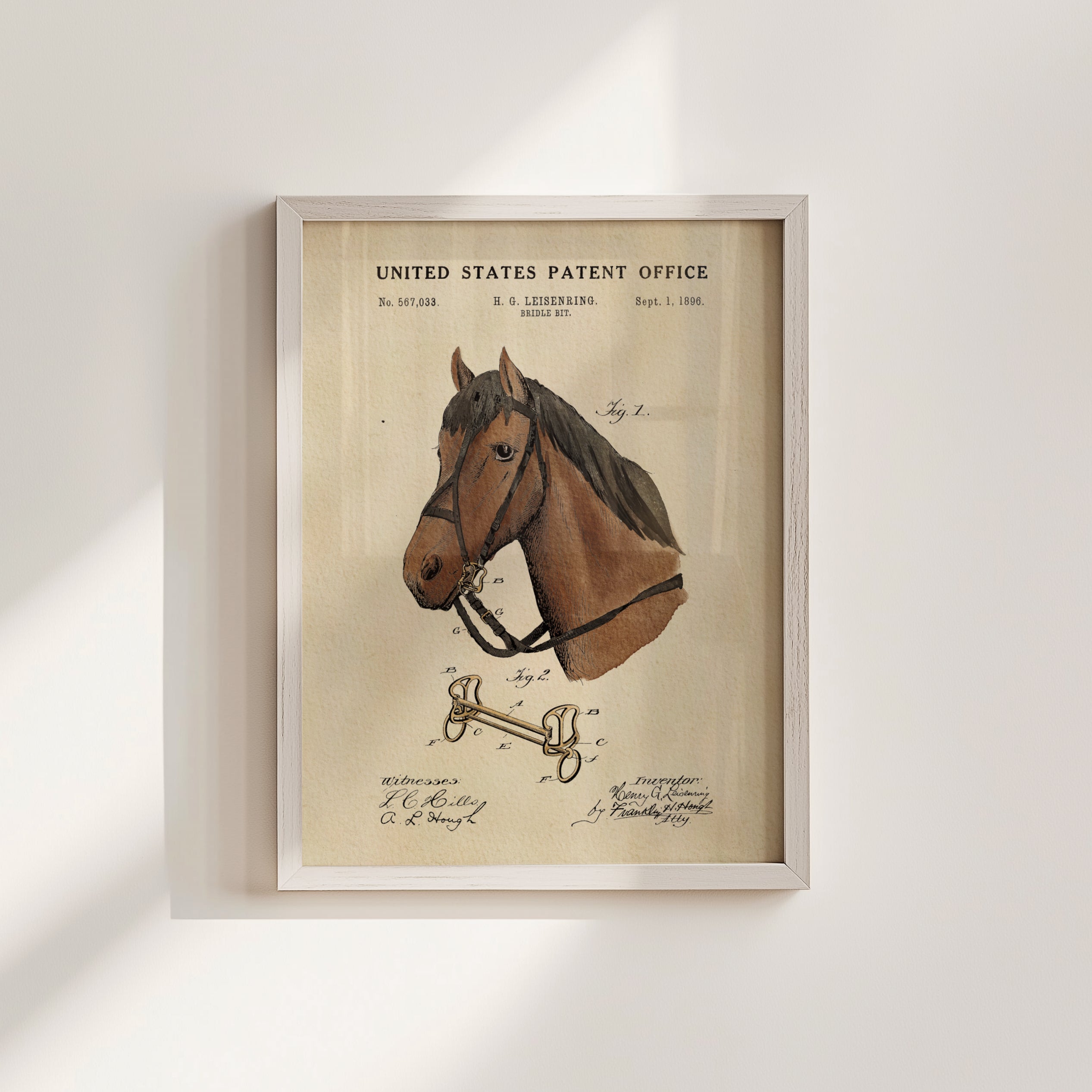 The image is a framed patent drawing of a horse, depicting its head and harness.