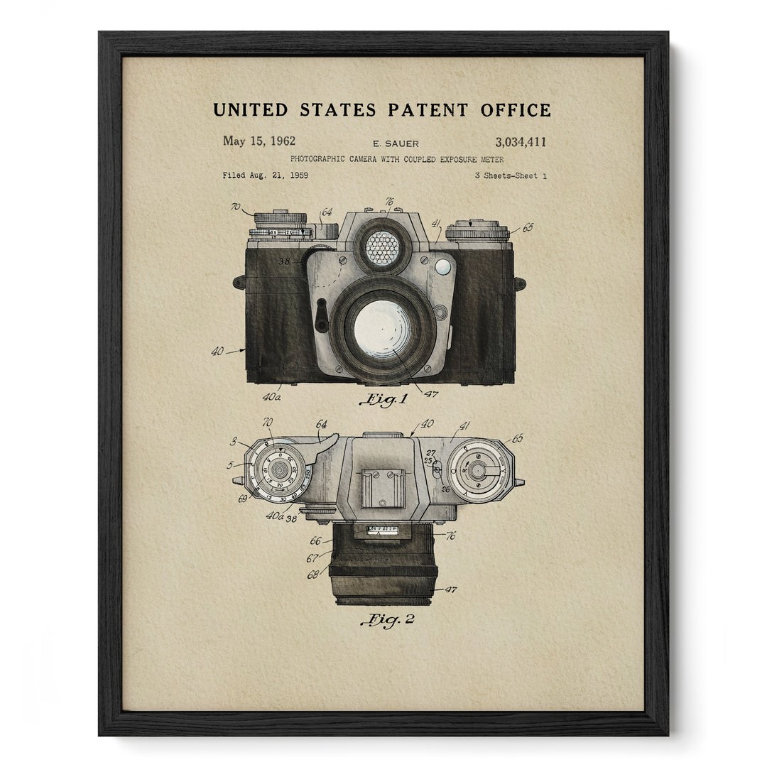 The image is a framed print featuring a vintage United States patent from 1962, depicting a photographic camera with a coiled exposure meter.