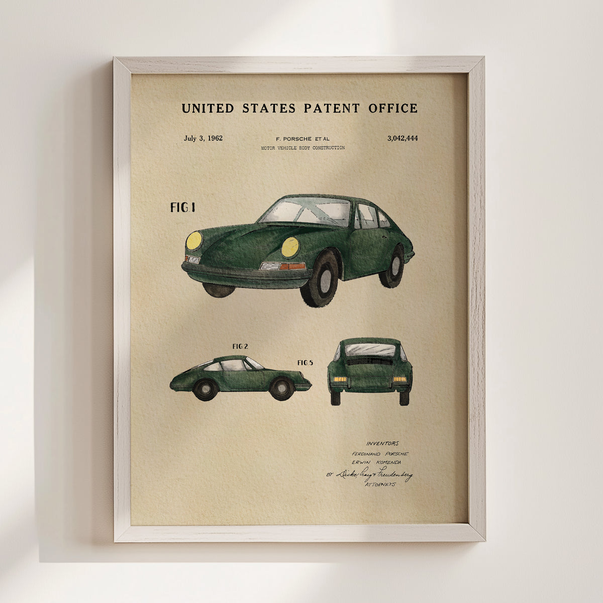 The image is a framed print of a United States patent office patent related to a Porsche car.
