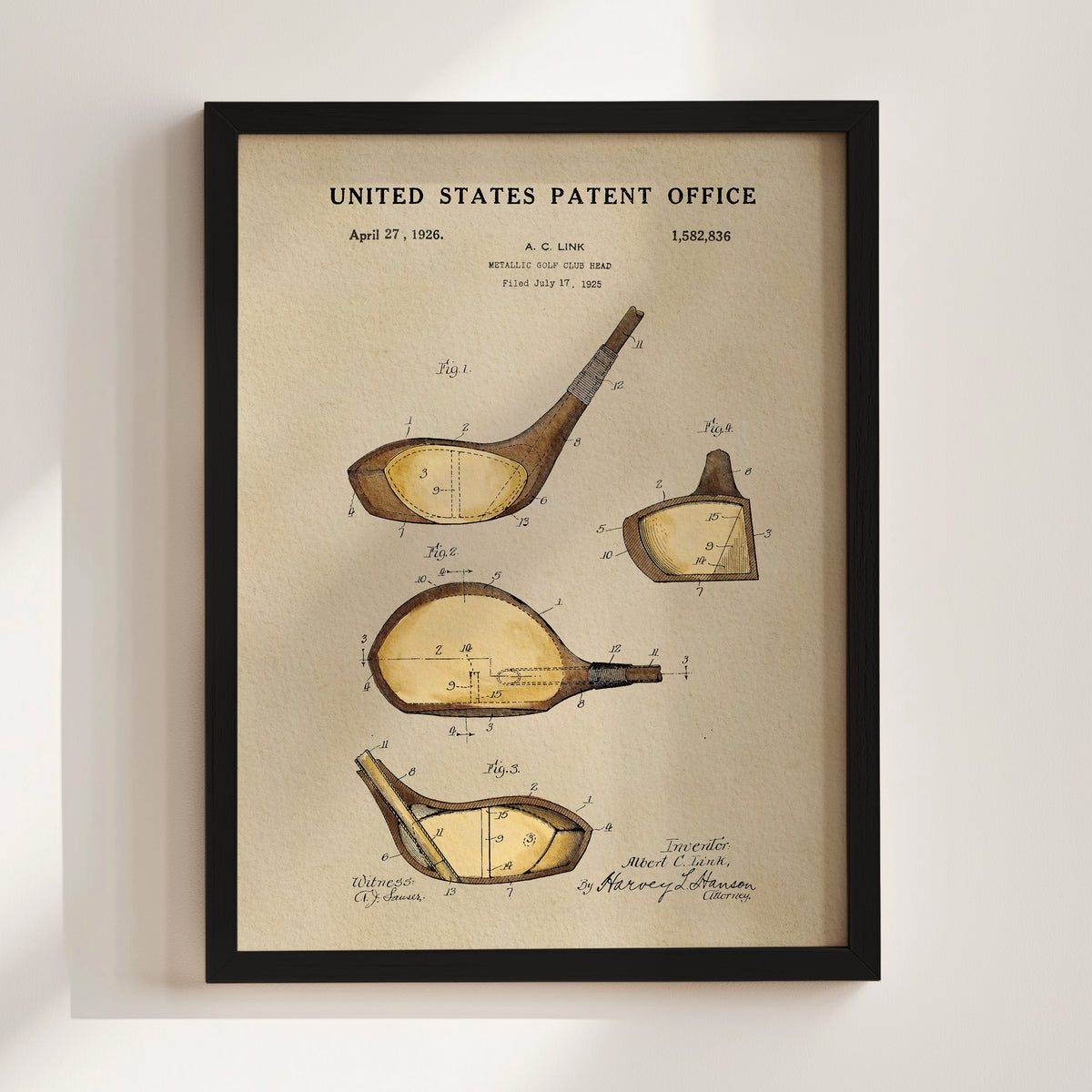 The image is a framed vintage patent drawing depicting a golf club head with detailed technical drawings and annotations.