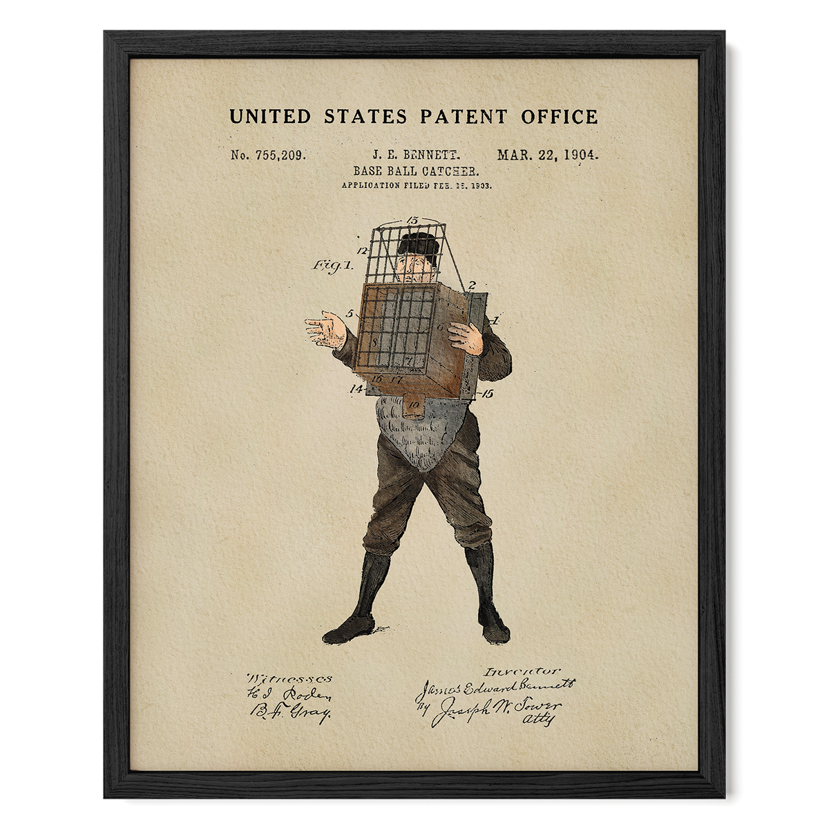 The image is a framed print of a baseball catcher's uniform from the United States Patent Office, dated Mar 22, 1904.