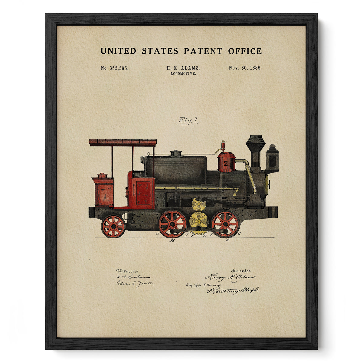 The image is a framed print of a United States patent office patent from Nov. 30, 1886, featuring an illustration of a steam locomotive.