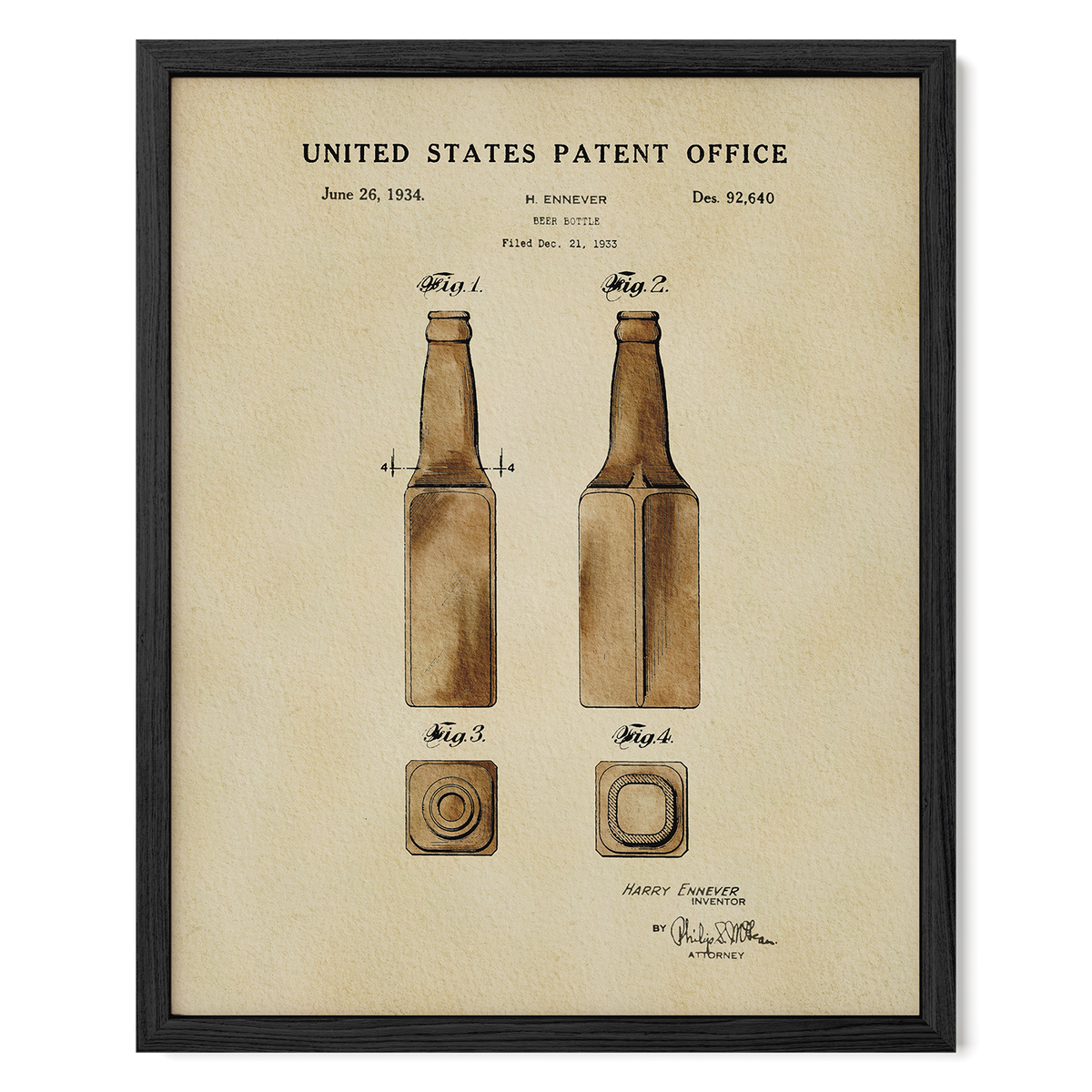 The image is a framed patent drawing depicting two bottles, likely from the early 20th century.