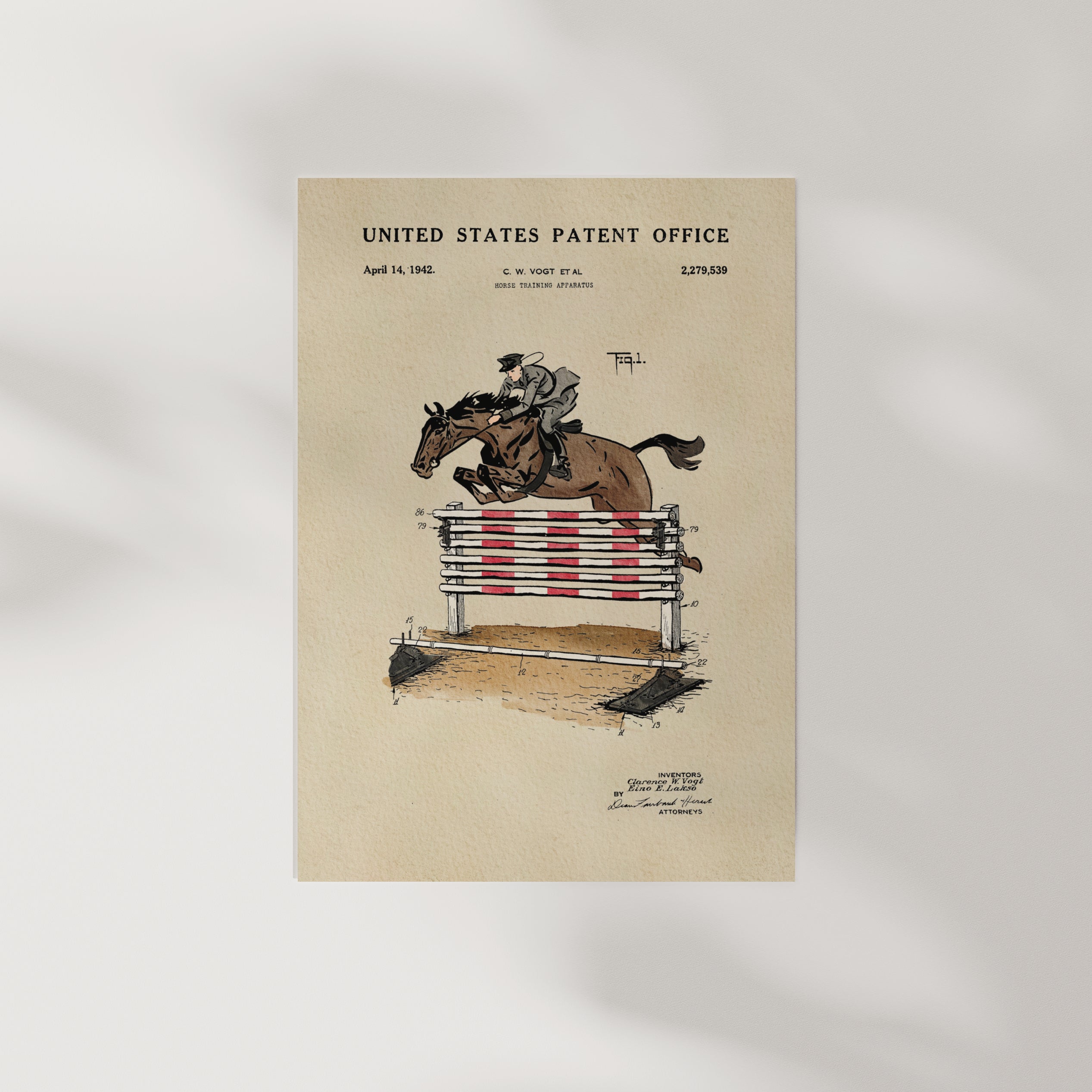 The image is a vintage patent drawing depicting a person riding a horse and jumping over a hurdle.