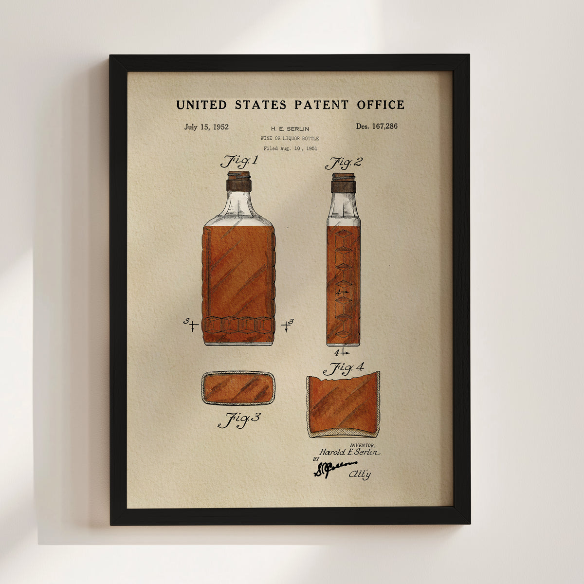 The image is a framed patent drawing depicting a bottle of whiskey, with accompanying drawings and text.