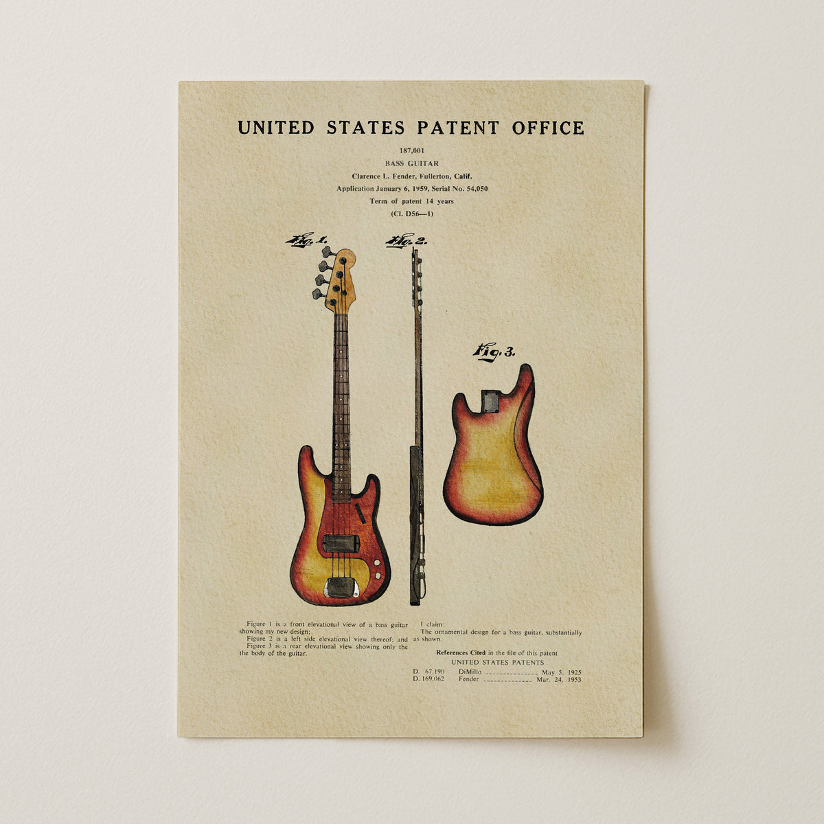 The image is a patent office document featuring two guitars, one with a red and yellow finish and the other with a brown and orange finish. The document is titled "United States Patent Office" and includes a reference to a patent filing dated May 5, 1933.