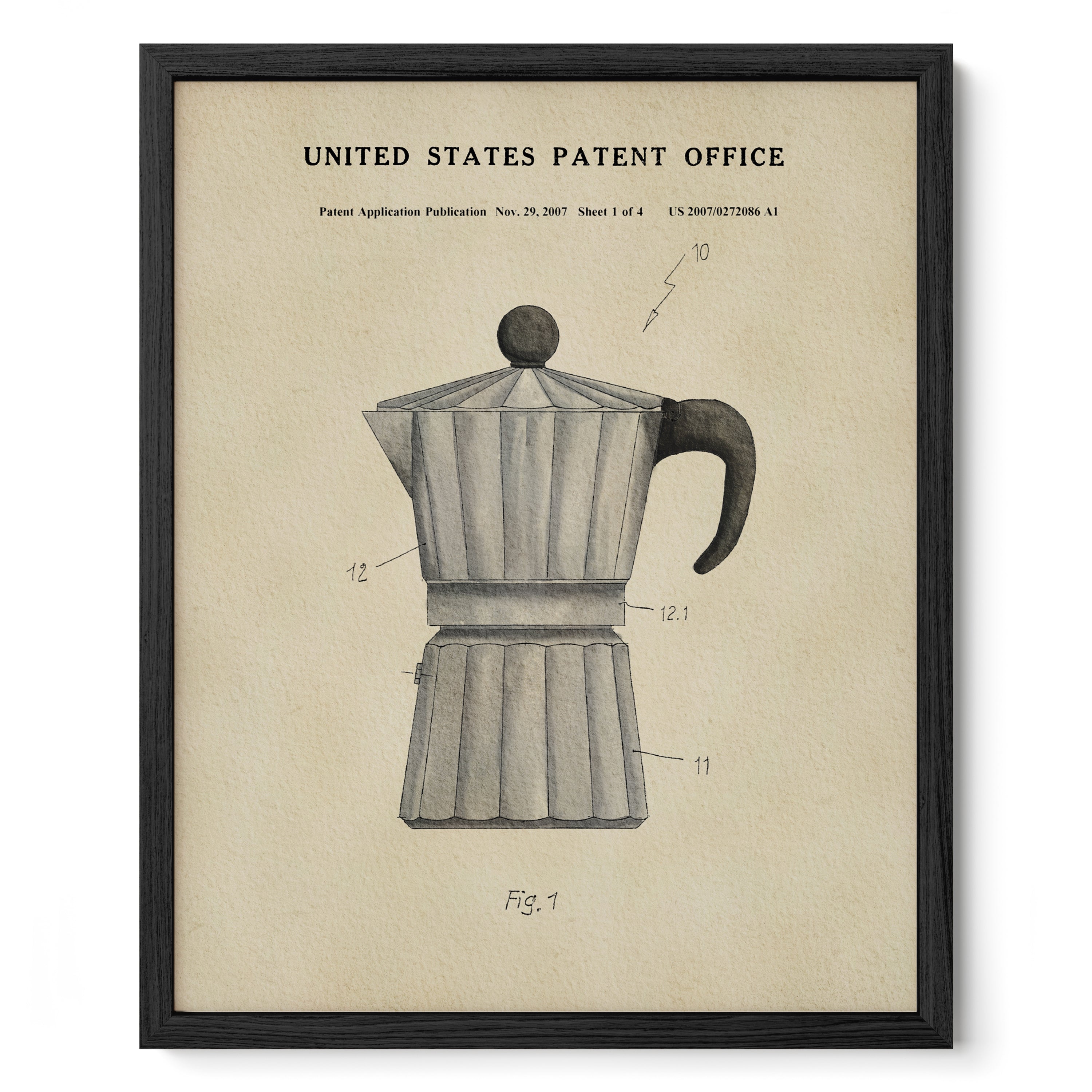 The image is a framed print depicting a patent application for a coffee maker, specifically a Moka pot.