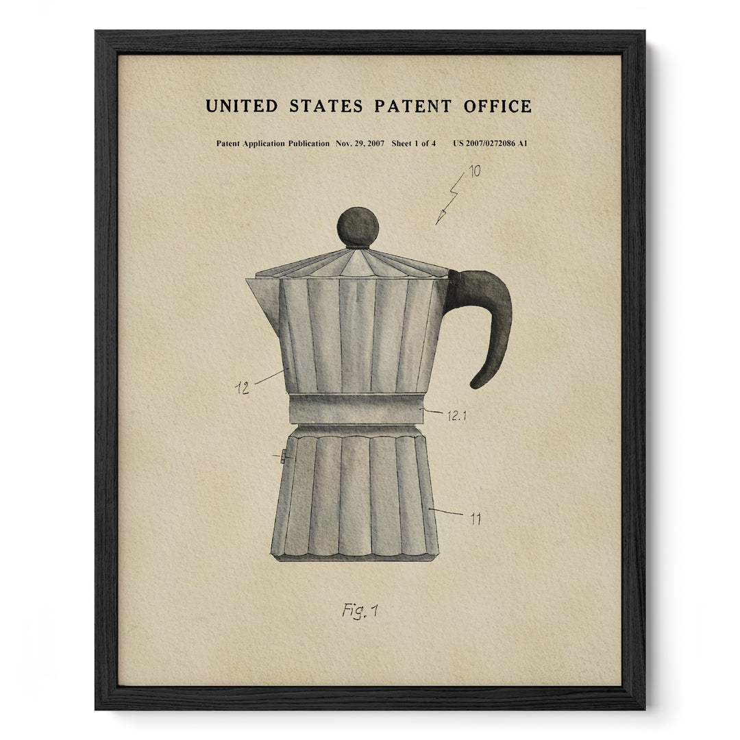 The image is a framed print depicting a patent application for a coffee maker, specifically a Moka pot.