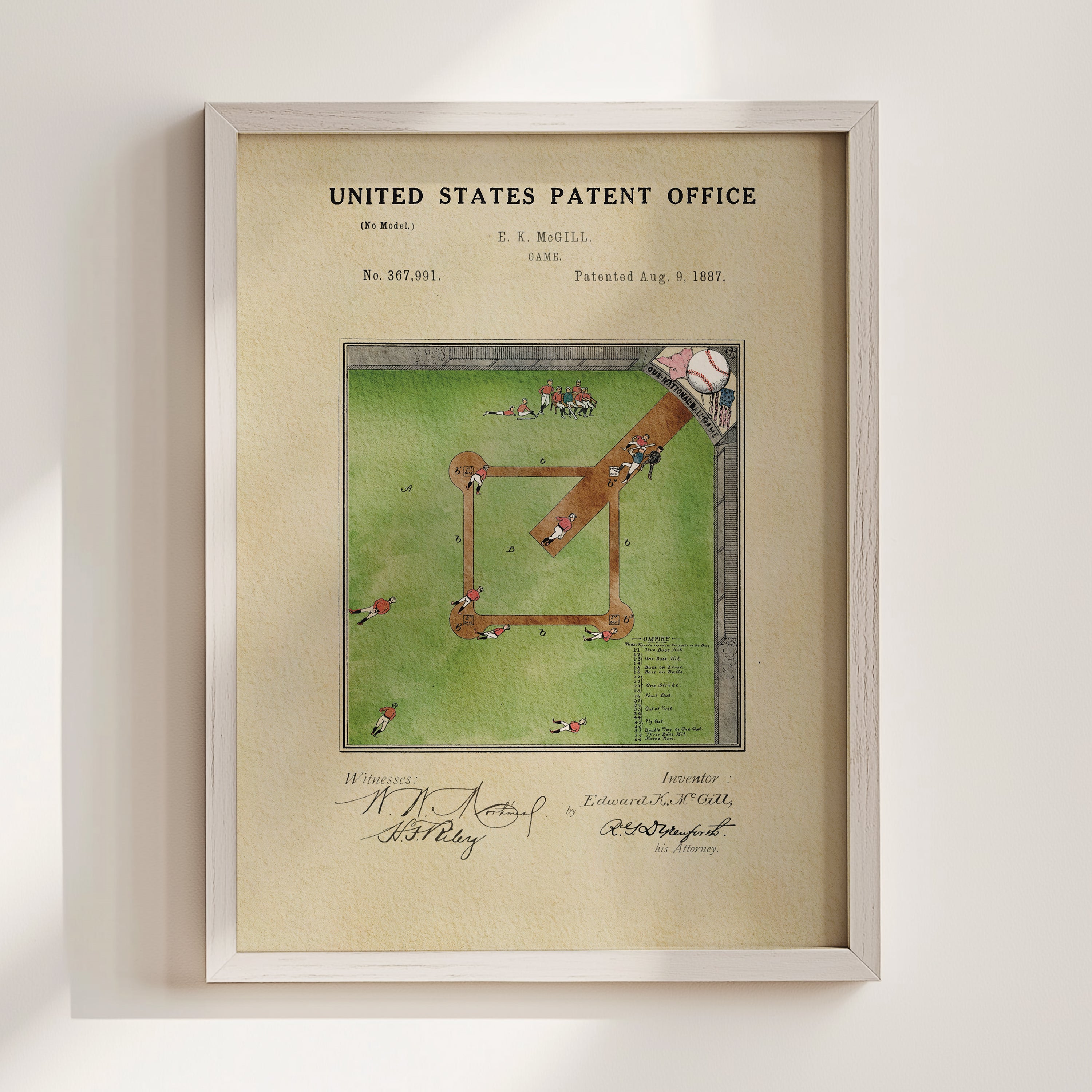 The image is a framed print of a baseball field with a baseball and a baseball bat, depicting a scene of a baseball game.