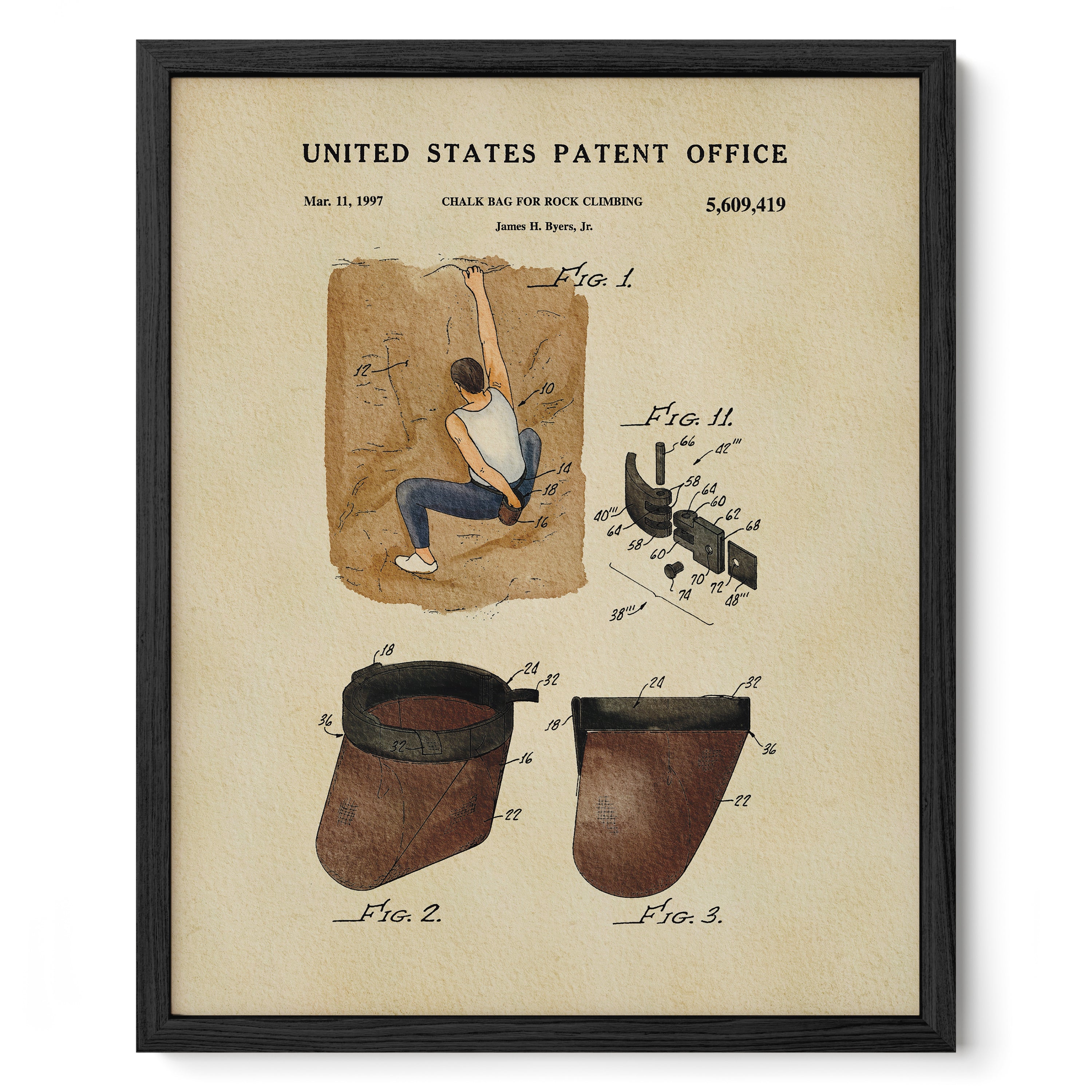 The image is a framed patent drawing depicting a man climbing a rock wall, along with sketches and technical drawings of the equipment used in the sport.