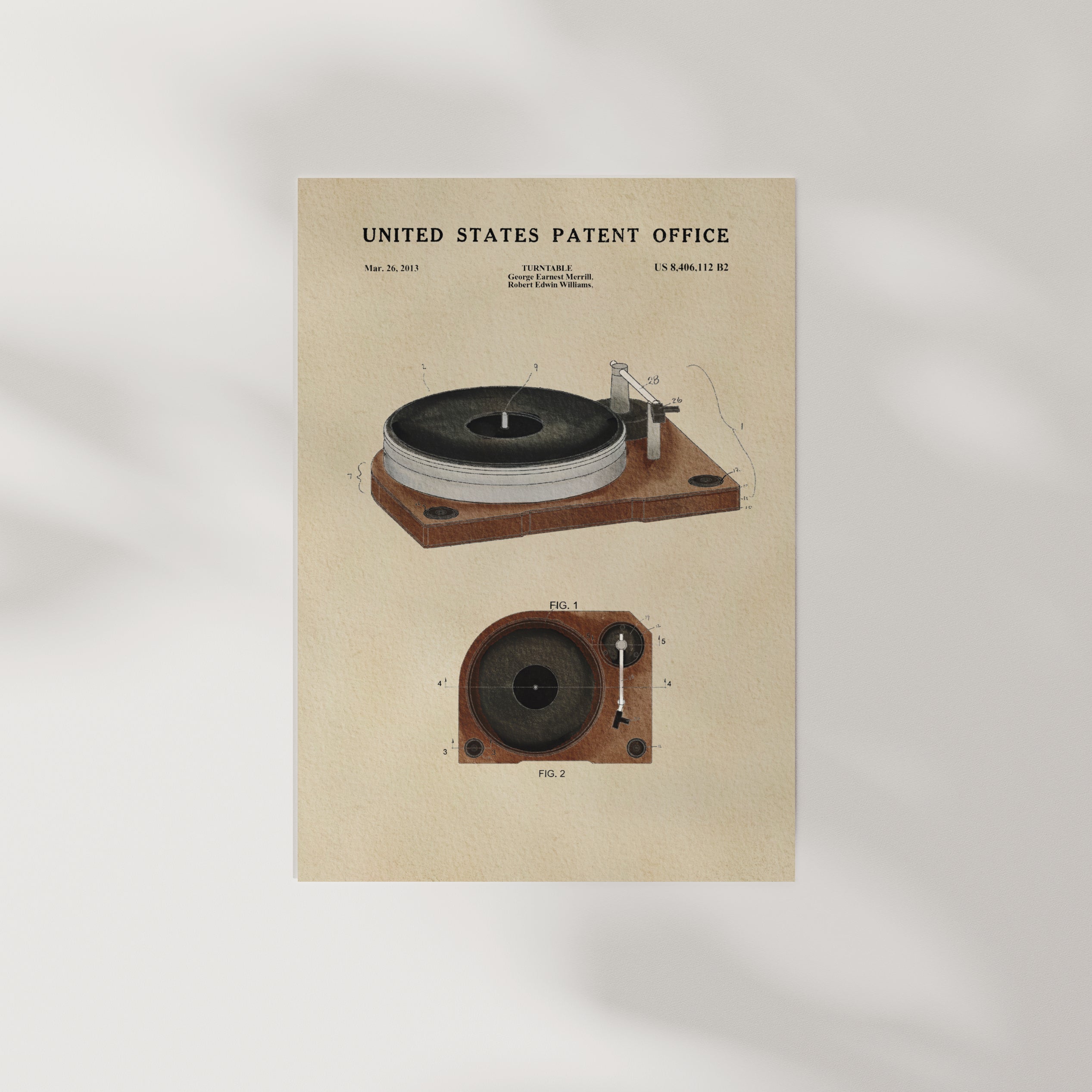 The image is a vintage United States patent office patent drawing for a turntable, depicting the turntable's design and features.