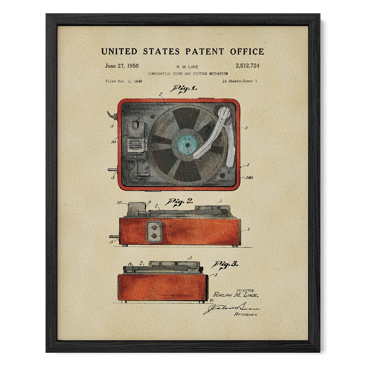 The image is a framed patent drawing depicting a vintage rotary record player, with detailed technical drawings and labels.