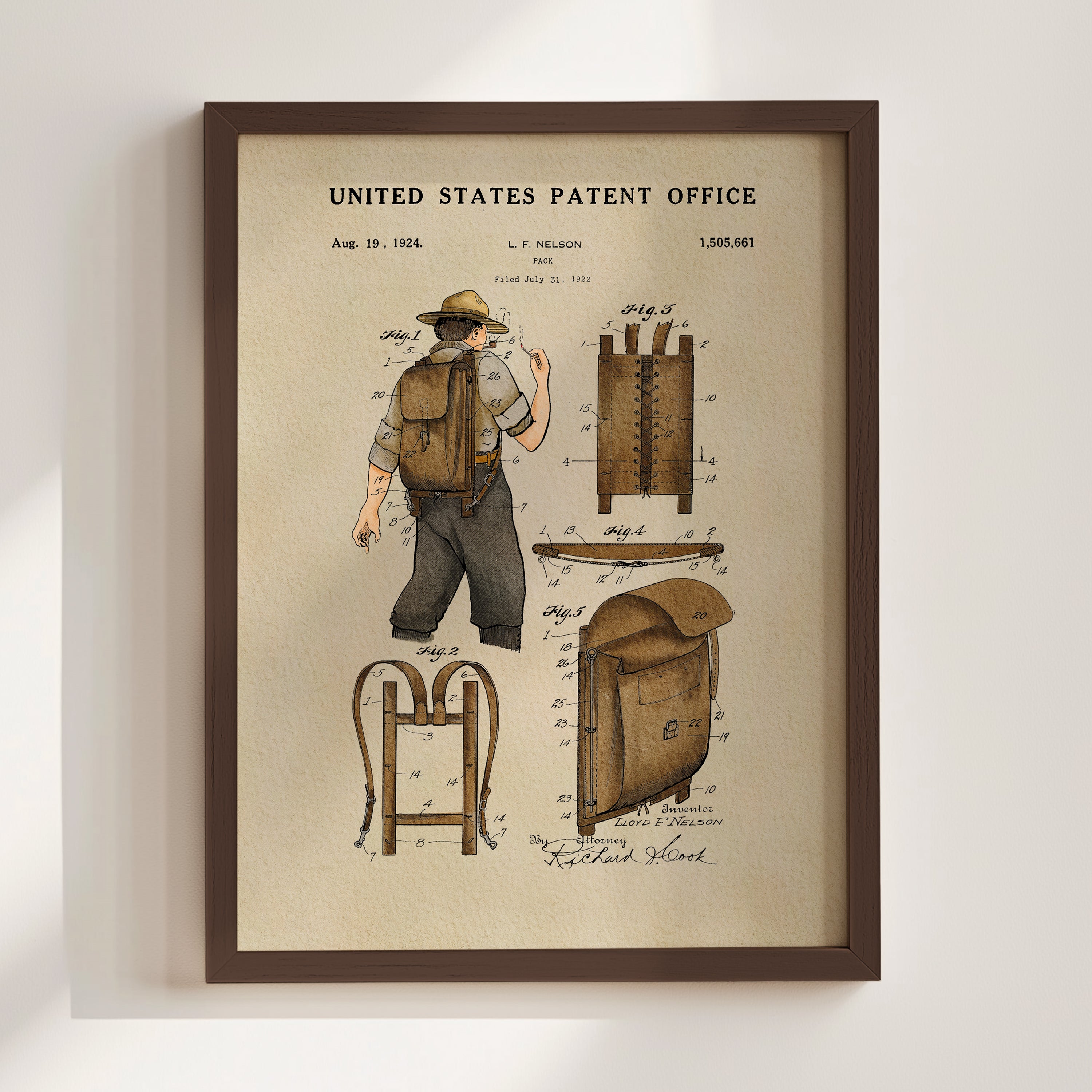 The image is a framed print depicting a man wearing a hat and carrying a backpack, with various technical drawings and specifications of the backpack.