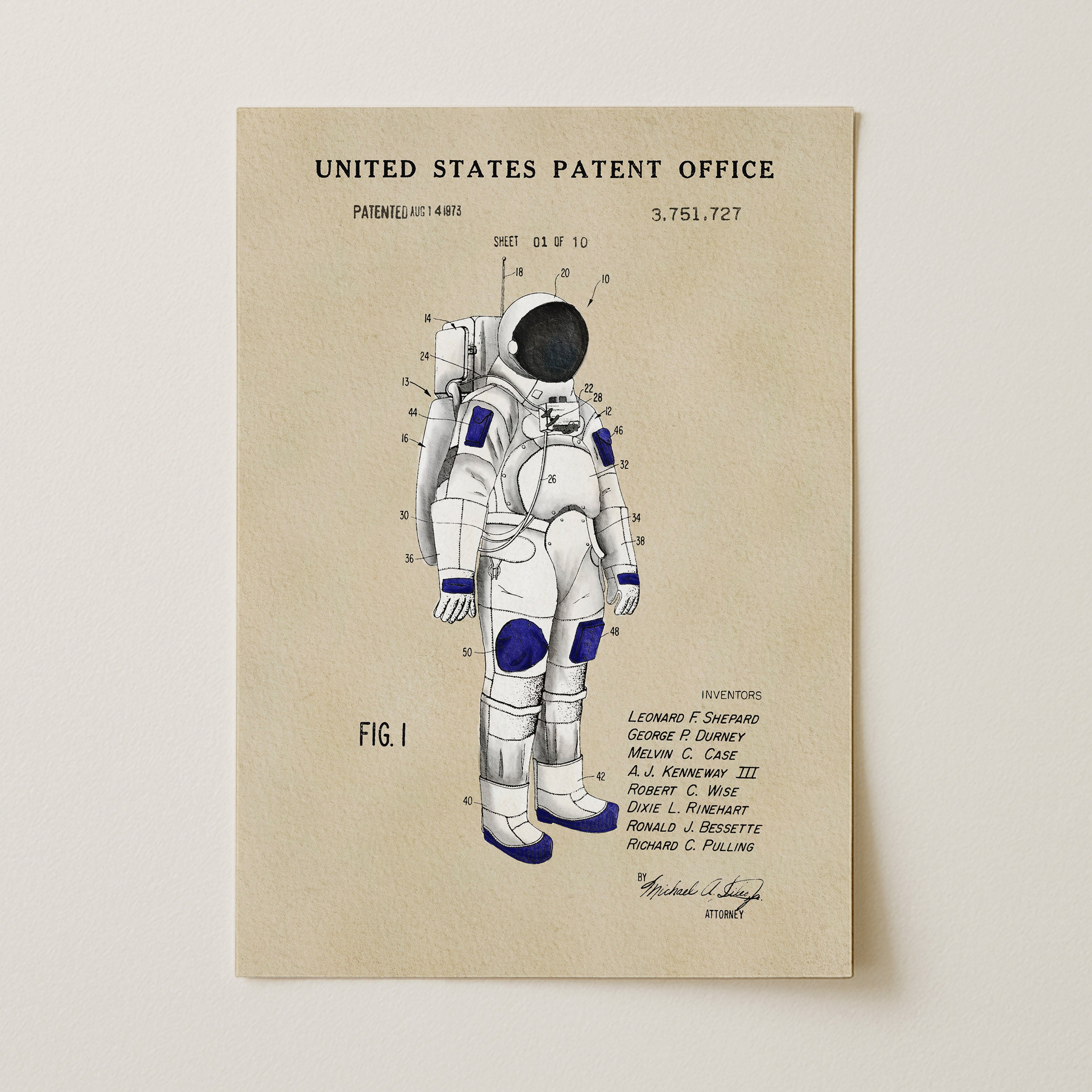 The image is a patent drawing of an astronaut's suit, depicting the design and features of the suit.