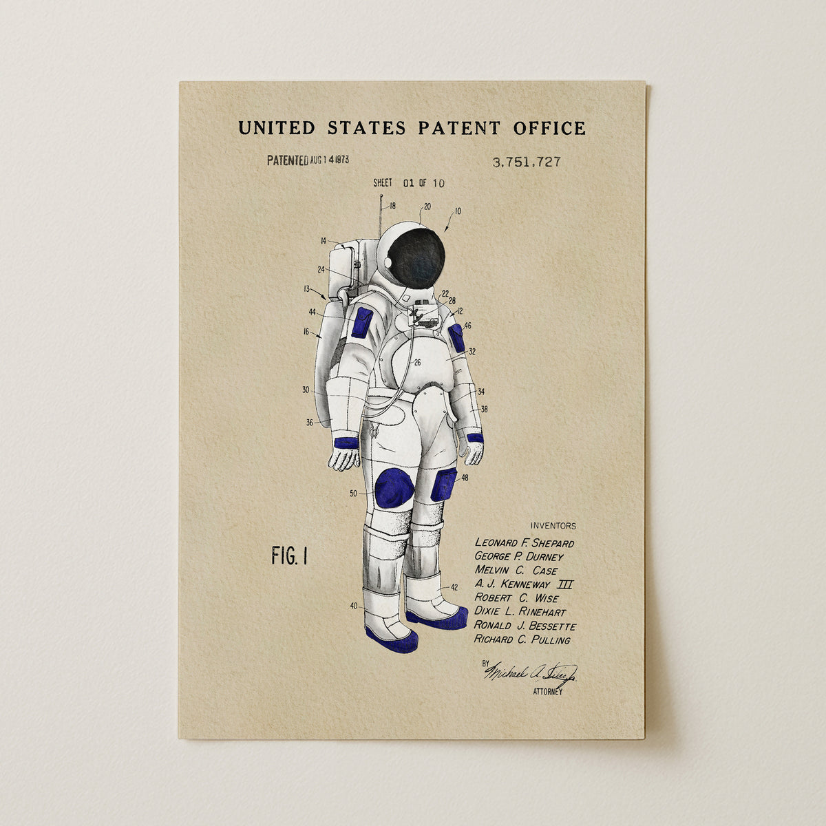 The image is a patent drawing of an astronaut's suit, depicting the design and features of the suit.
