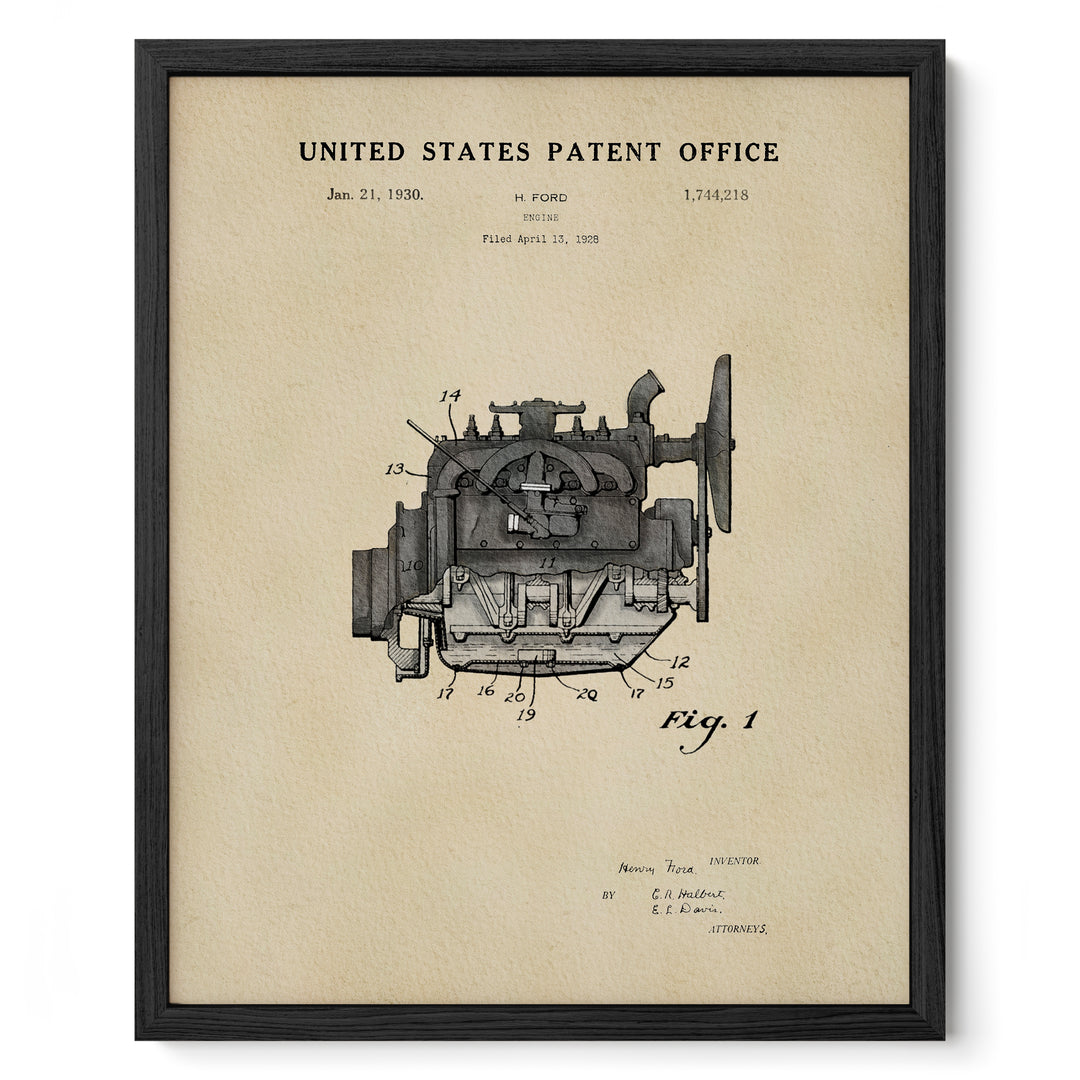 The image is a framed patent drawing depicting an engine, which is a technical drawing of an engine.