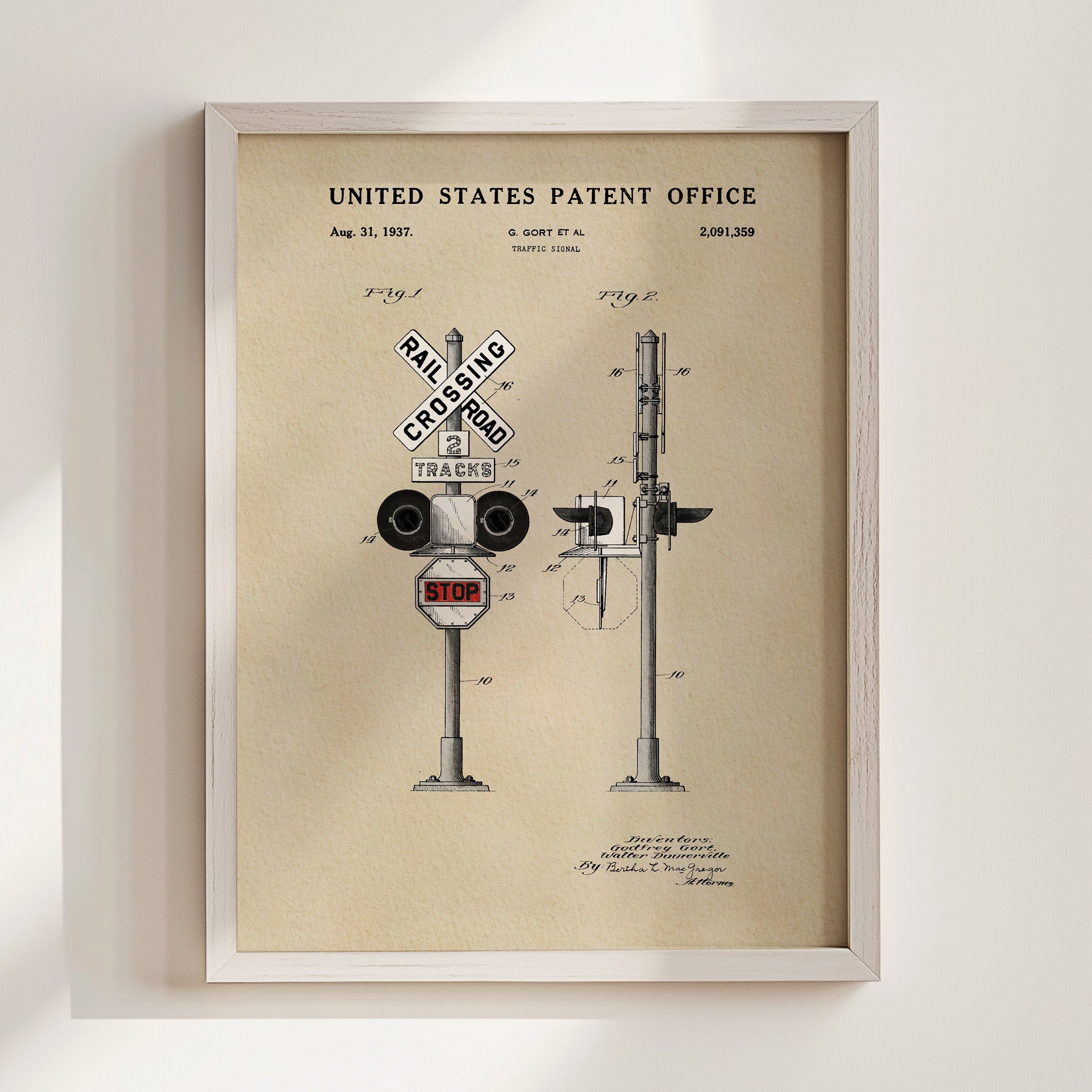 The image is a framed vintage railroad crossing patent drawing from 1937, depicting a railroad crossing with a stop sign and a railroad crossing sign.