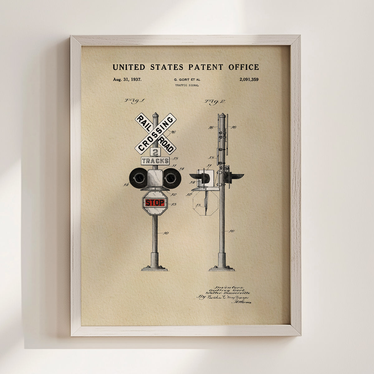 The image is a framed vintage railroad crossing patent drawing from 1937, depicting a railroad crossing with a stop sign and a railroad crossing sign.
