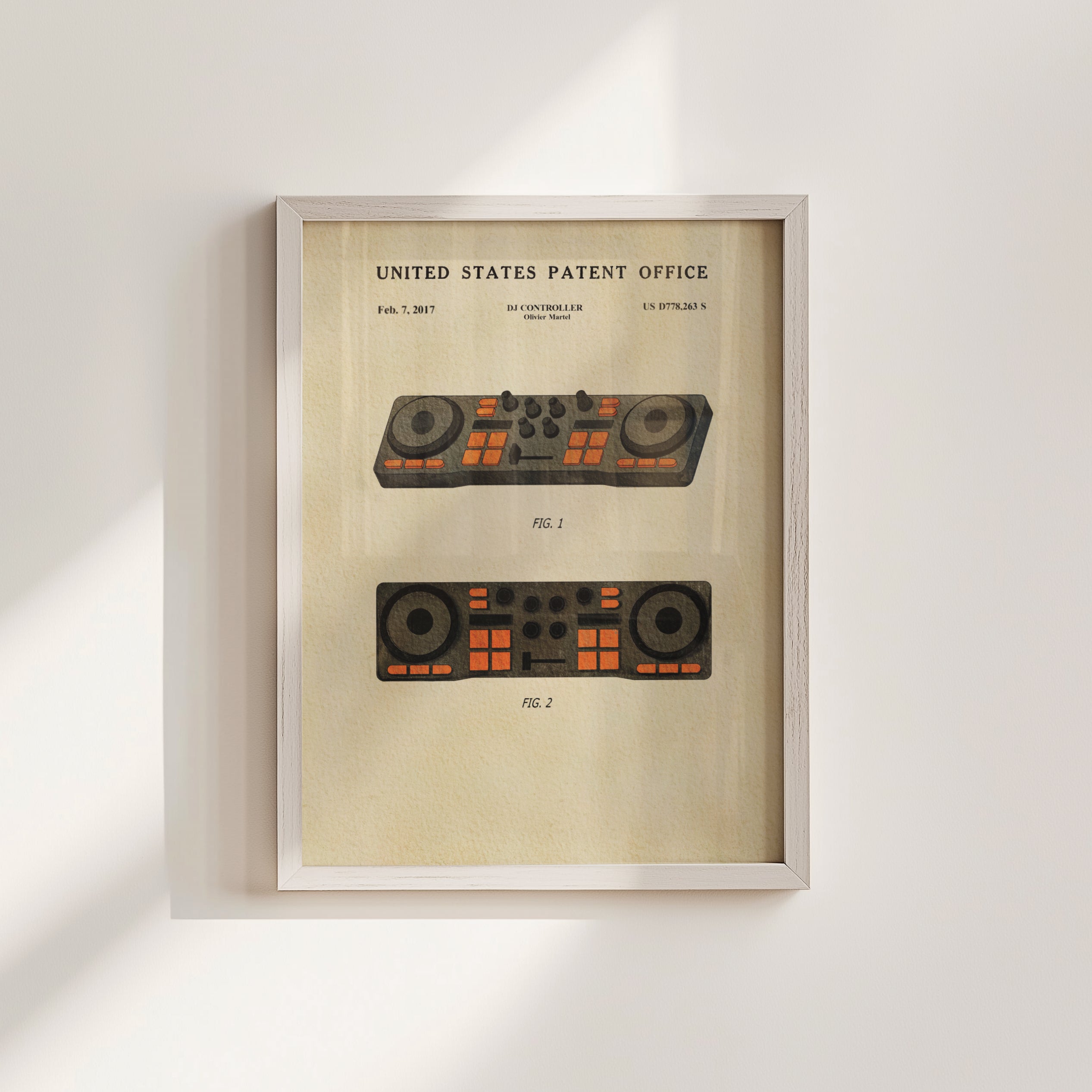The image is a framed patent drawing depicting two DJ controllers, with the United States Patent Office's patent filing date and title visible.