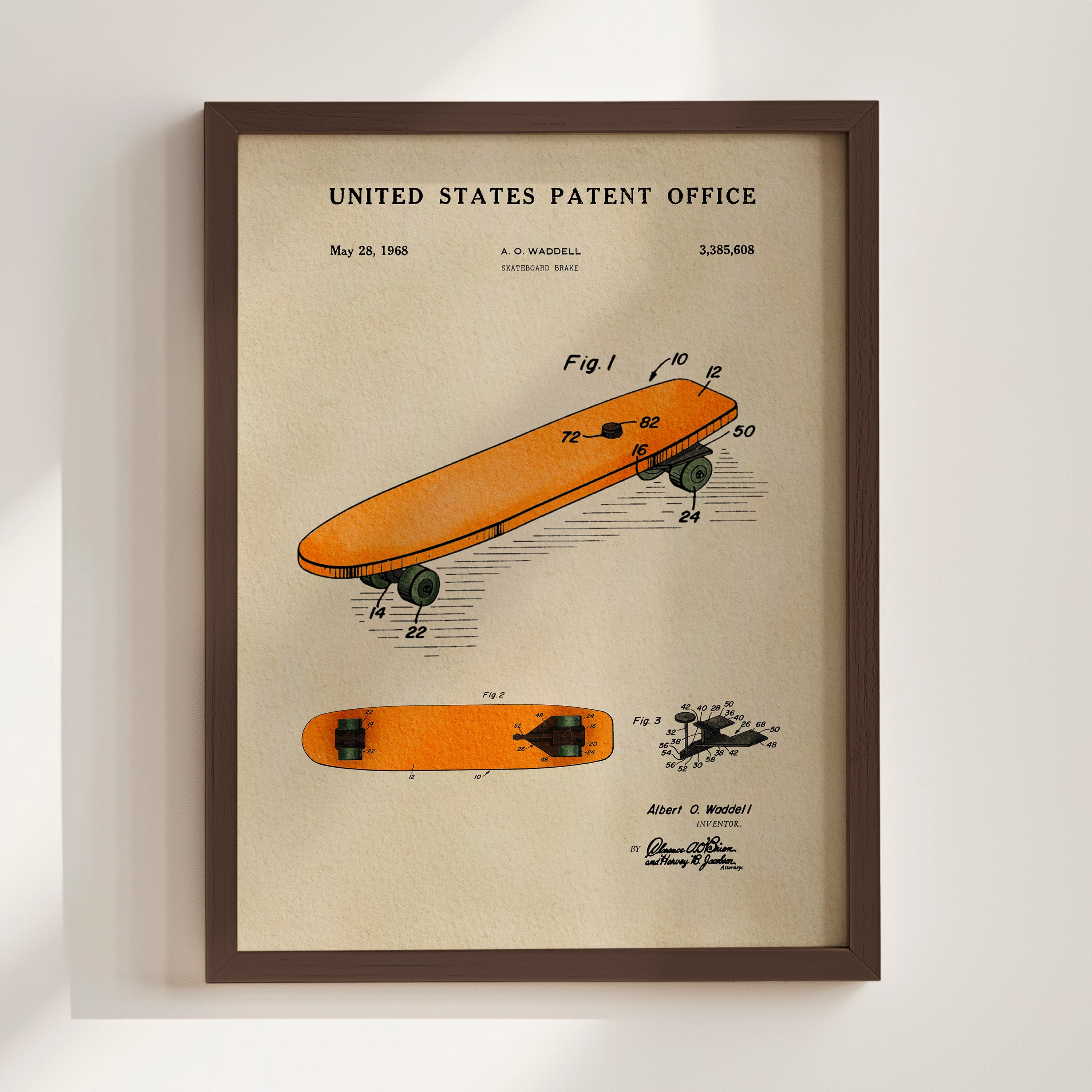 The image is a framed patent drawing of a skateboard from the United States Patent Office, dated May 28, 1968.