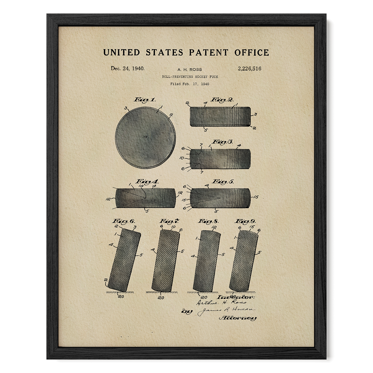 The image is a framed patent drawing from the United States Patent Office, depicting a roller hockey puck.