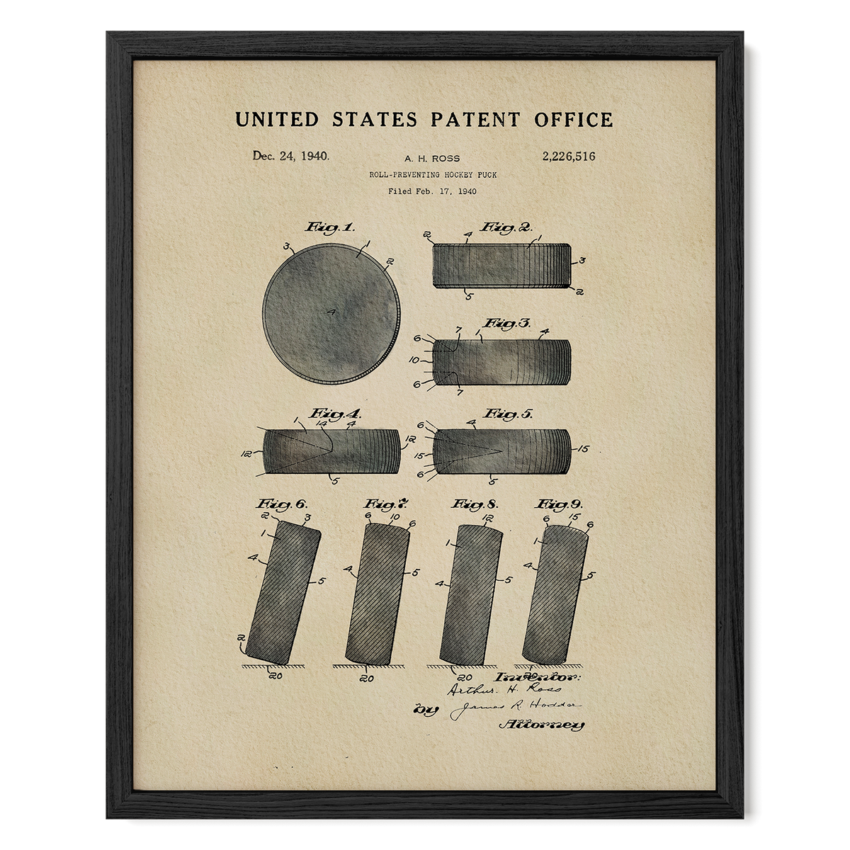 The image is a framed patent drawing from the United States Patent Office, depicting a roller hockey puck.