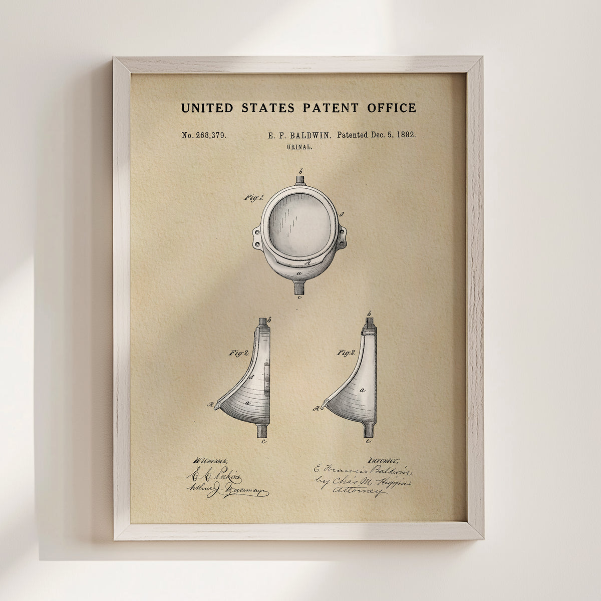 The image is a framed patent drawing depicting a toilet with a round bowl and a curved seat.