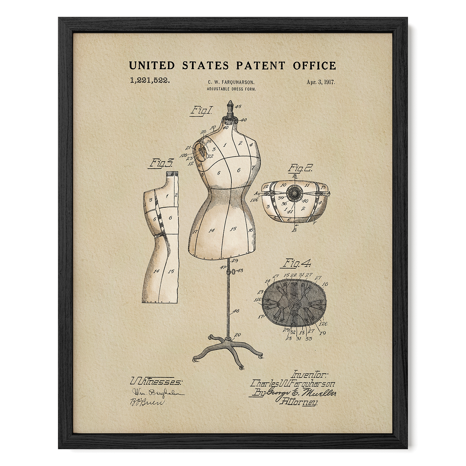 The image is a framed vintage patent drawing of a mannequin, featuring detailed technical drawings and annotations.