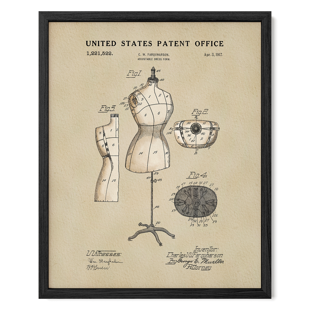 The image is a framed vintage patent drawing of a mannequin, featuring detailed technical drawings and annotations.