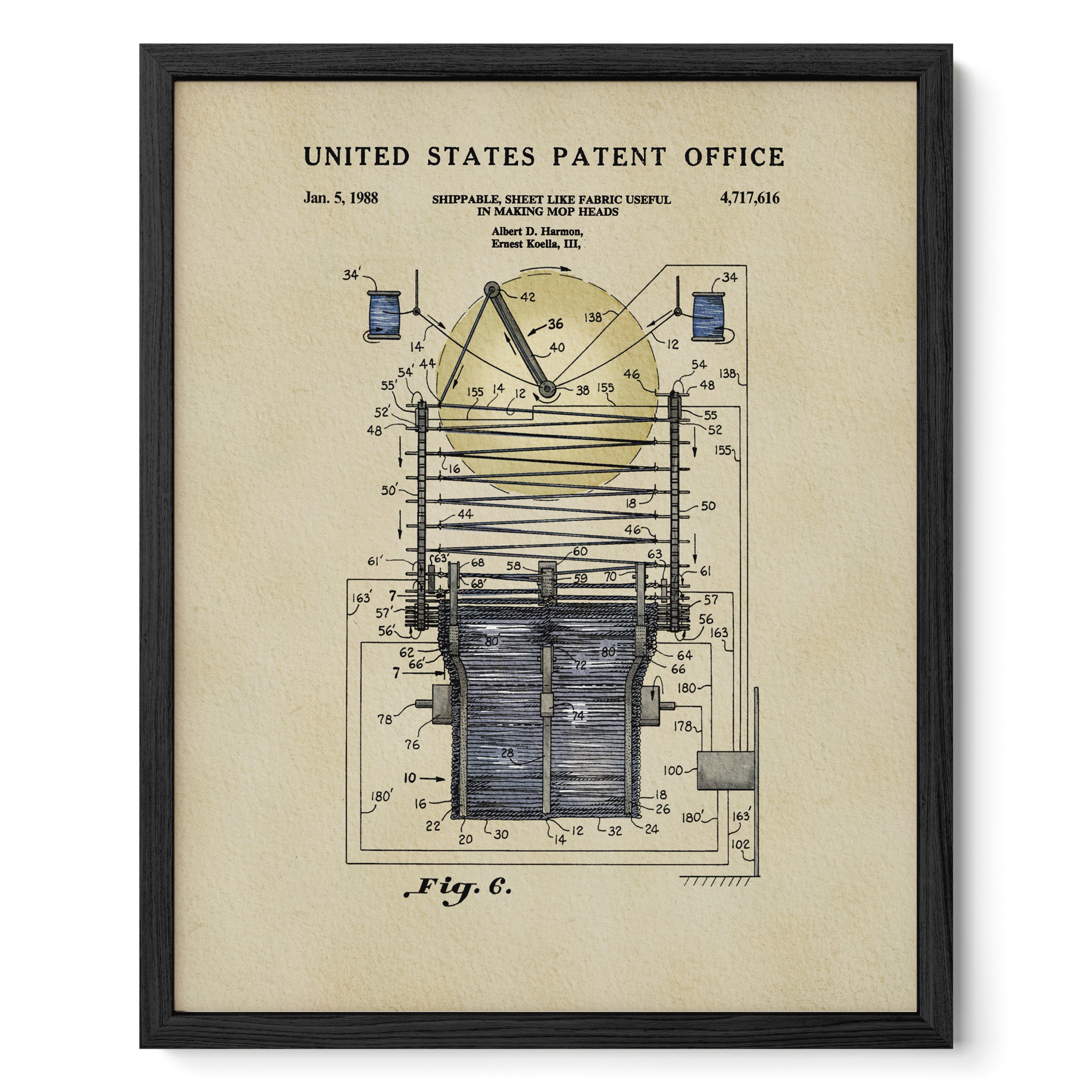 The image is a framed patent drawing from the United States Patent Office, depicting a technical drawing of a device with various components and measurements.