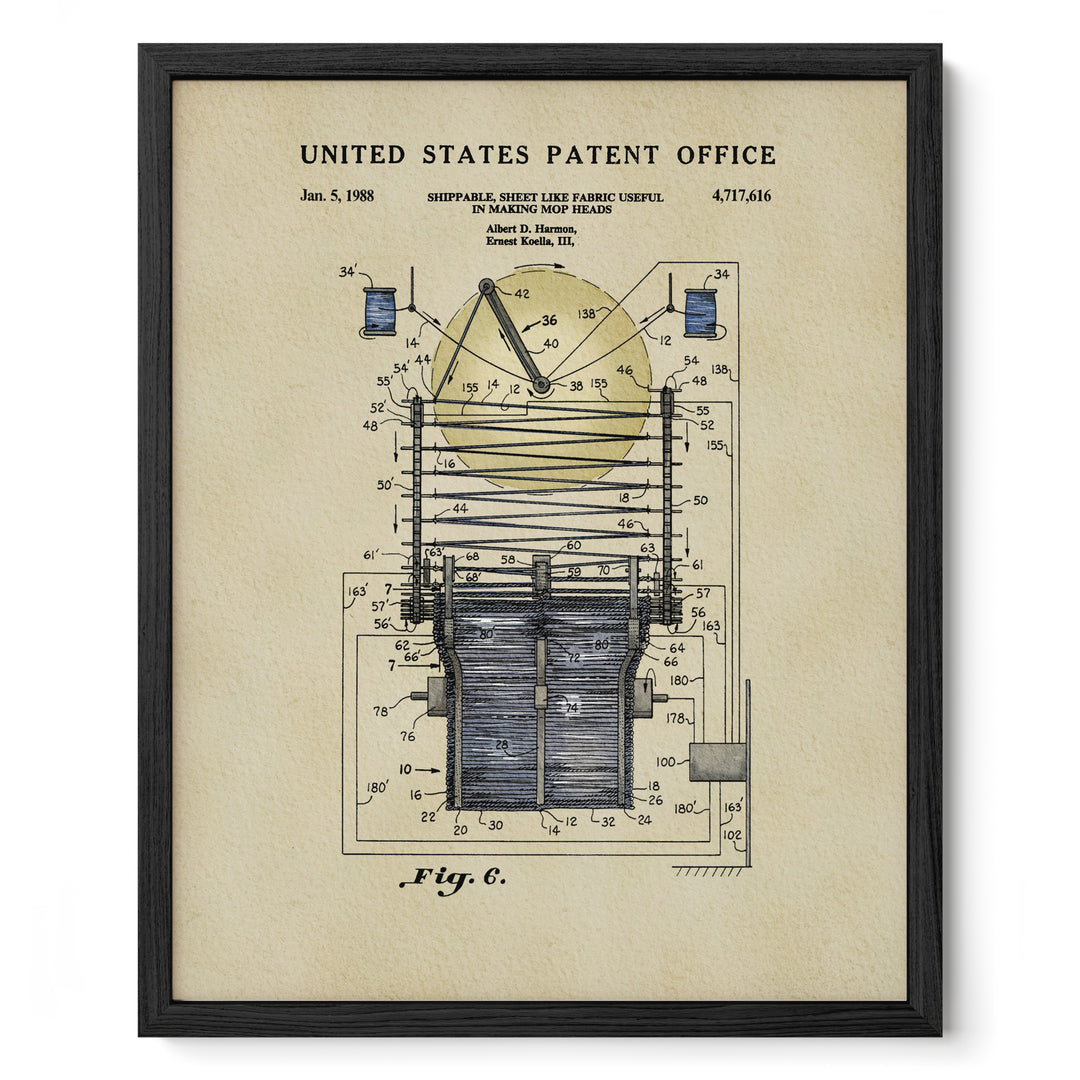 The image is a framed patent drawing from the United States Patent Office, depicting a technical drawing of a device with various components and measurements.