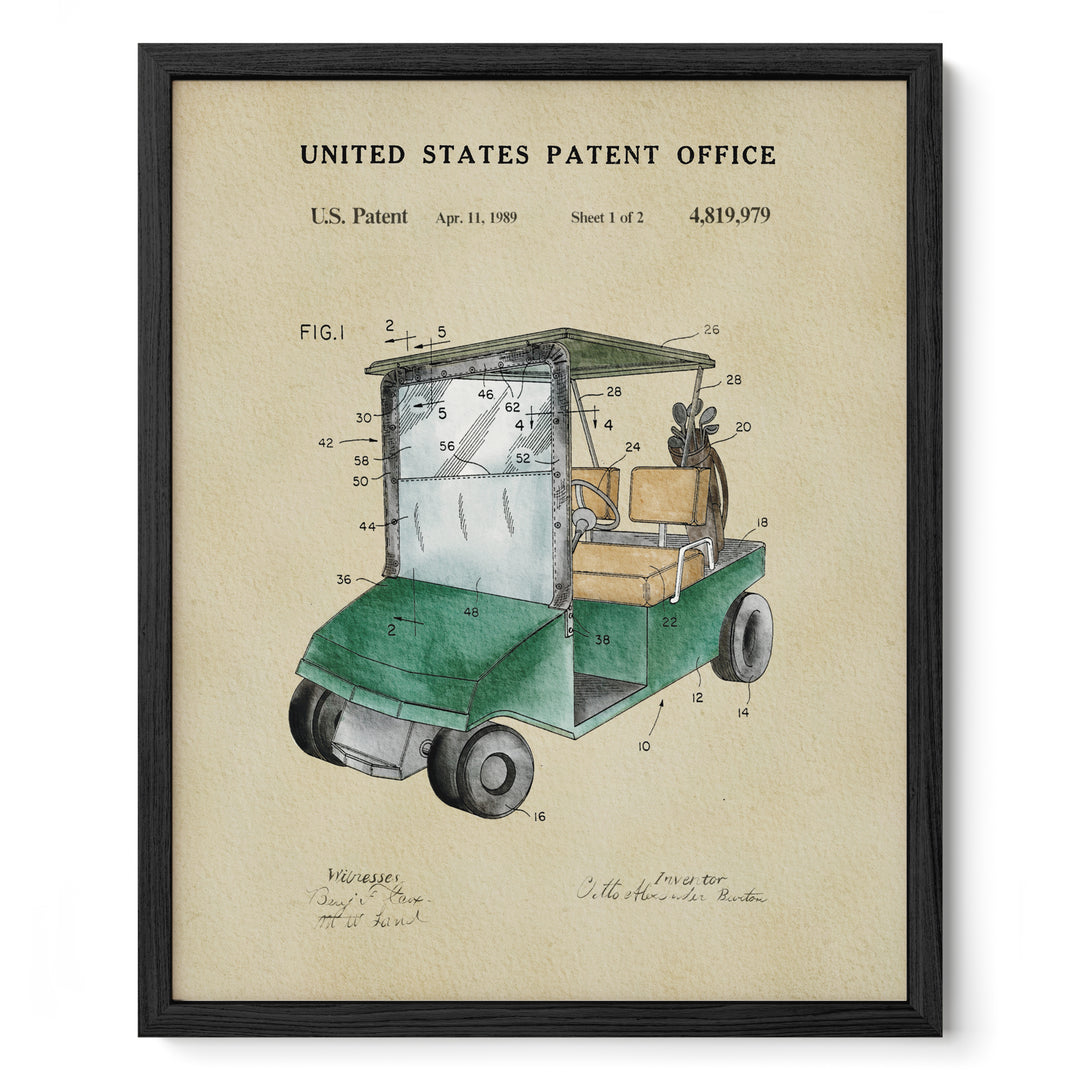 The image is a framed print depicting a golf cart from the United States Patent Office, dated April 11, 1989, with a total of 2 patent applications.