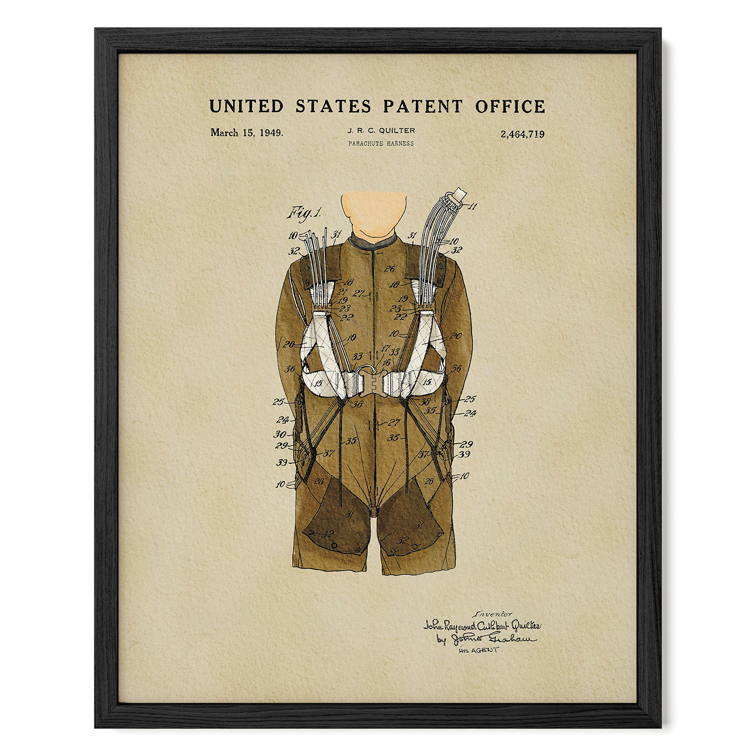 The image is a framed patent drawing depicting a man's torso with various technical drawings and labels.