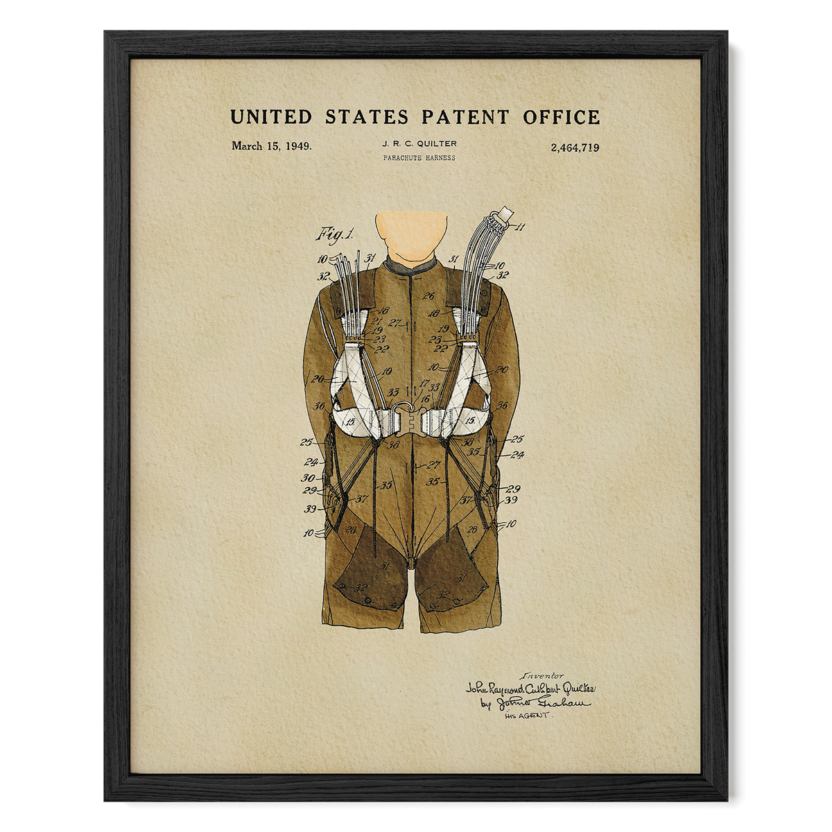 The image is a framed patent drawing depicting a man's torso with various technical drawings and labels.