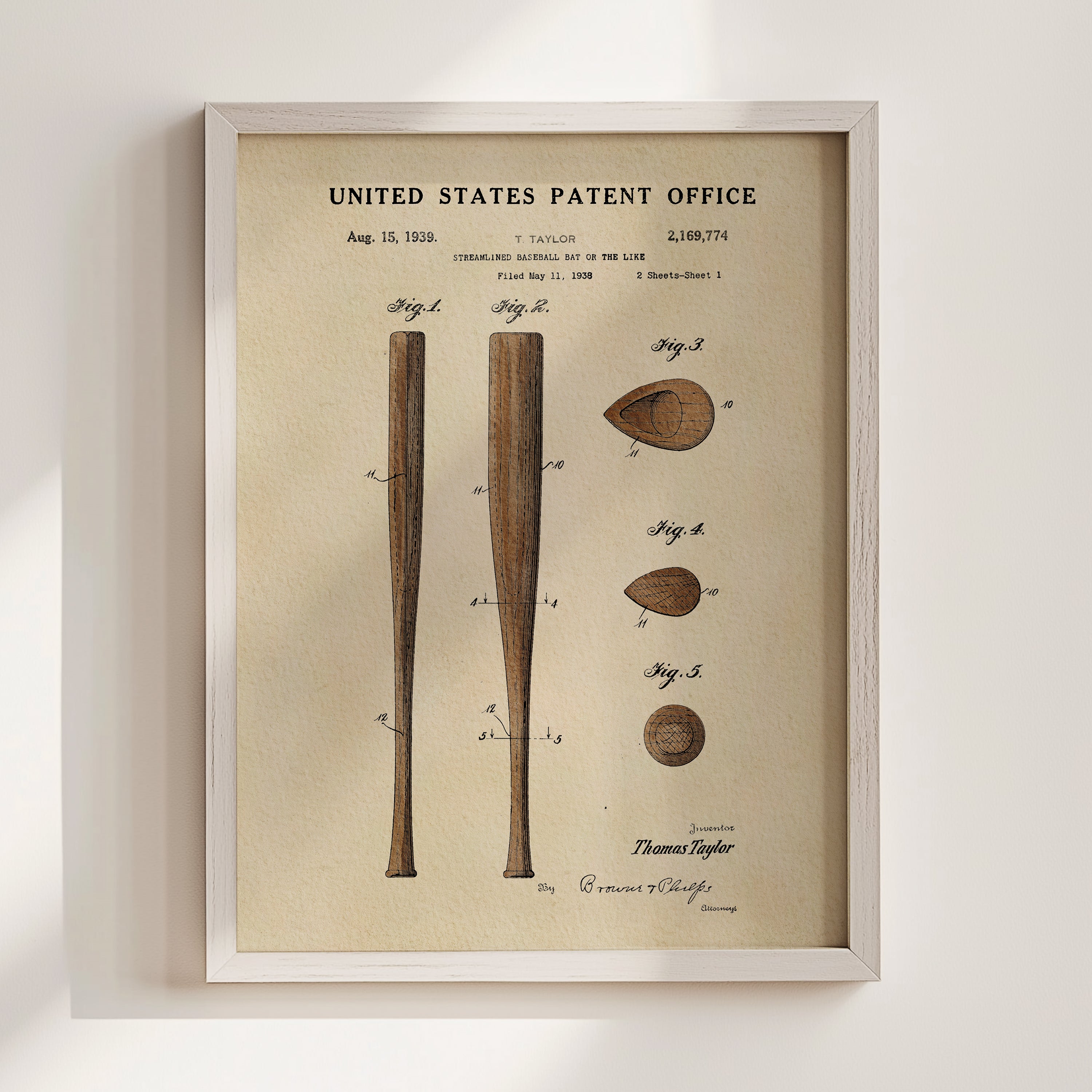 The image is a framed patent drawing depicting a baseball bat and ball, with accompanying technical drawings and text.