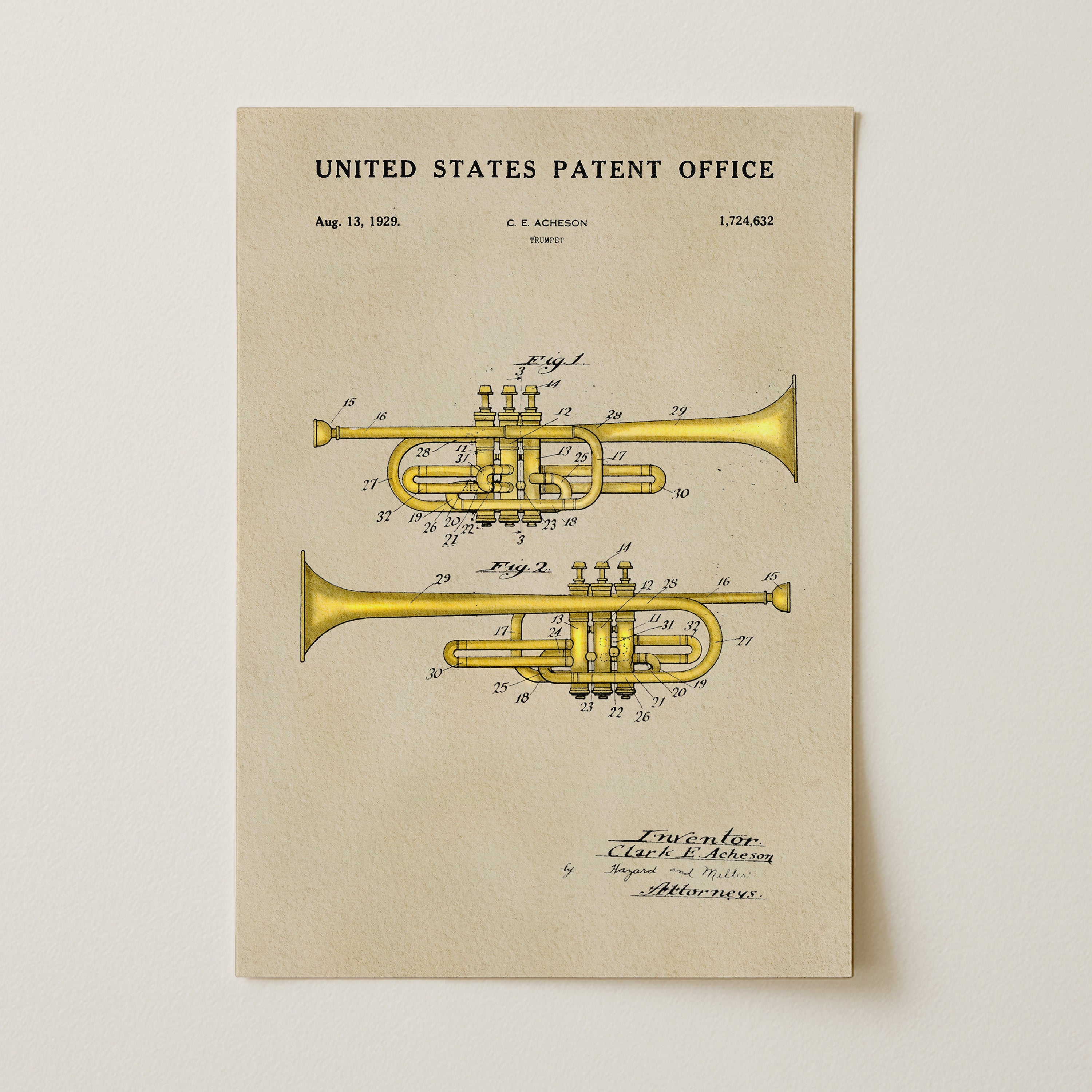 The image is a patent drawing of a trumpet from the United States Patent Office, dated Aug. 13, 1929.