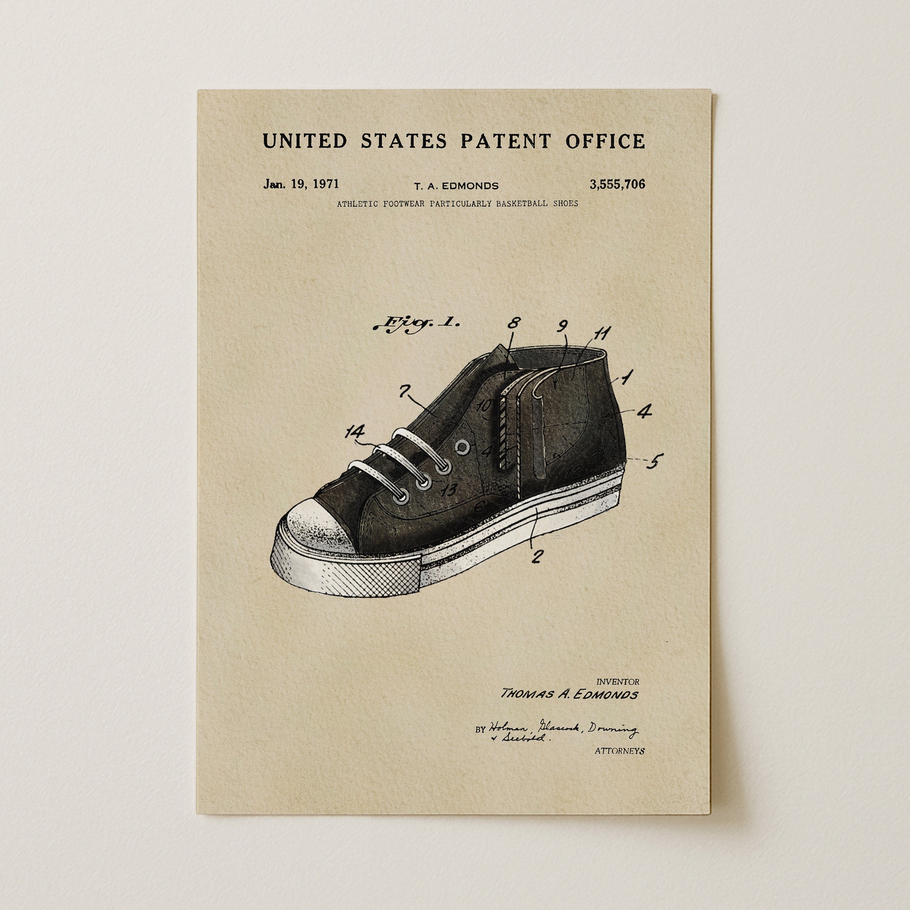 A black and white illustration of a shoe with various labels and annotations, including the United States Patent Office and the date of January 19, 1971.