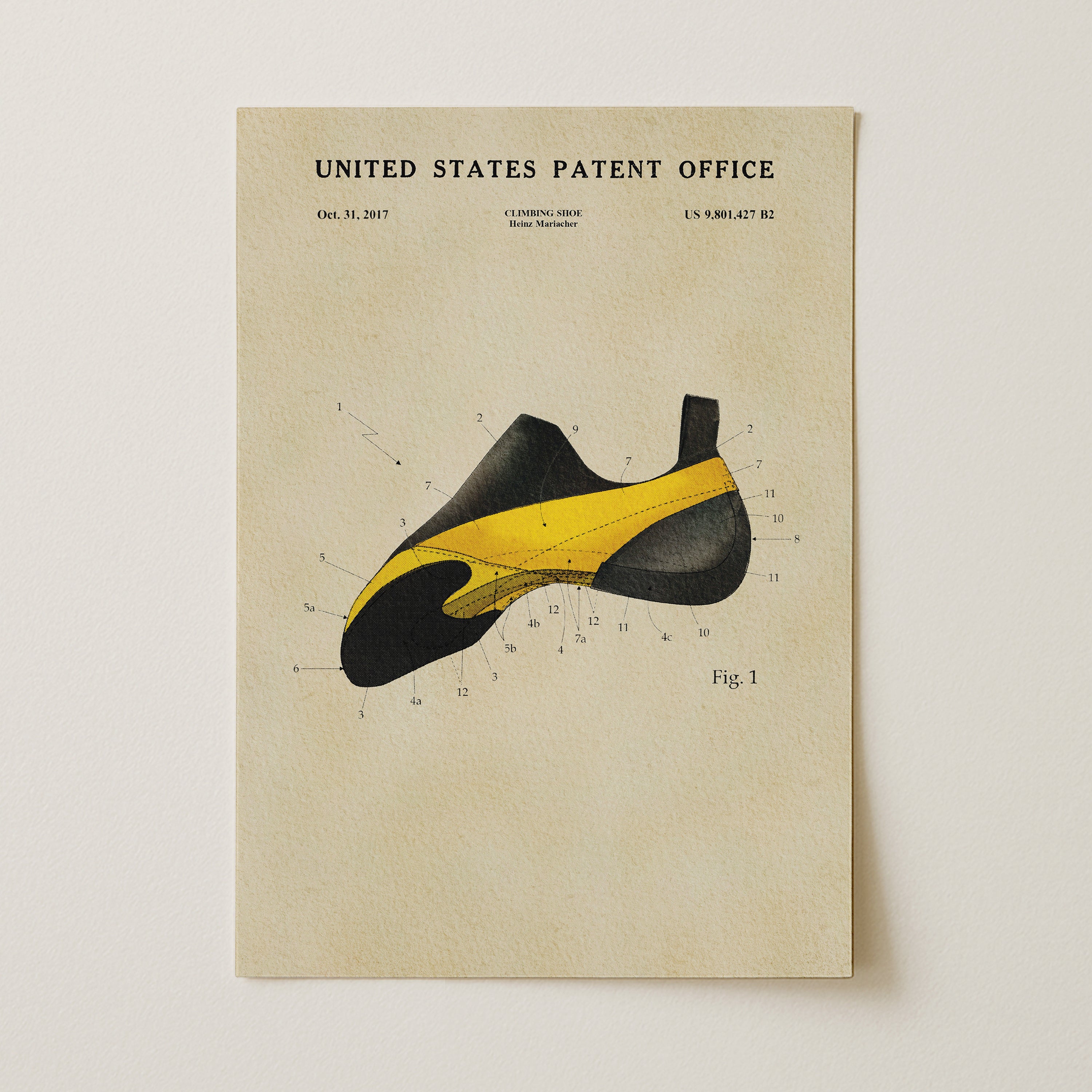 A printed page from the United States Patent Office, featuring a detailed technical drawing of a shoe with various numbered parts and labels.