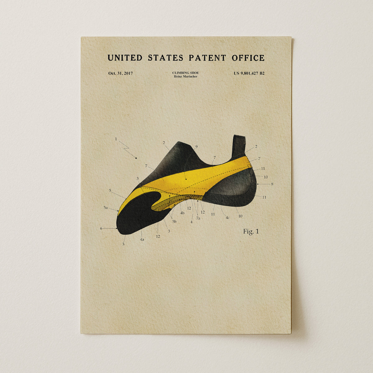 A printed page from the United States Patent Office, featuring a detailed technical drawing of a shoe with various numbered parts and labels.