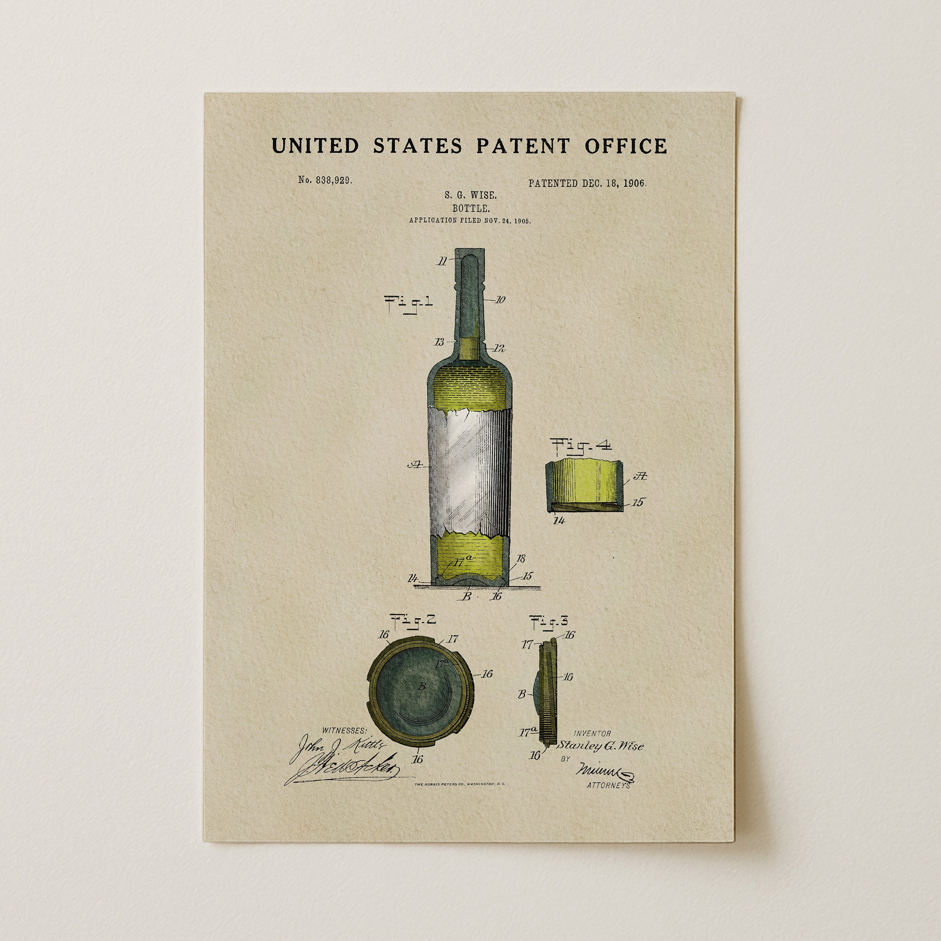 The image is a vintage United States patent office drawing of a wine bottle, depicting the bottle, cork, and other components.