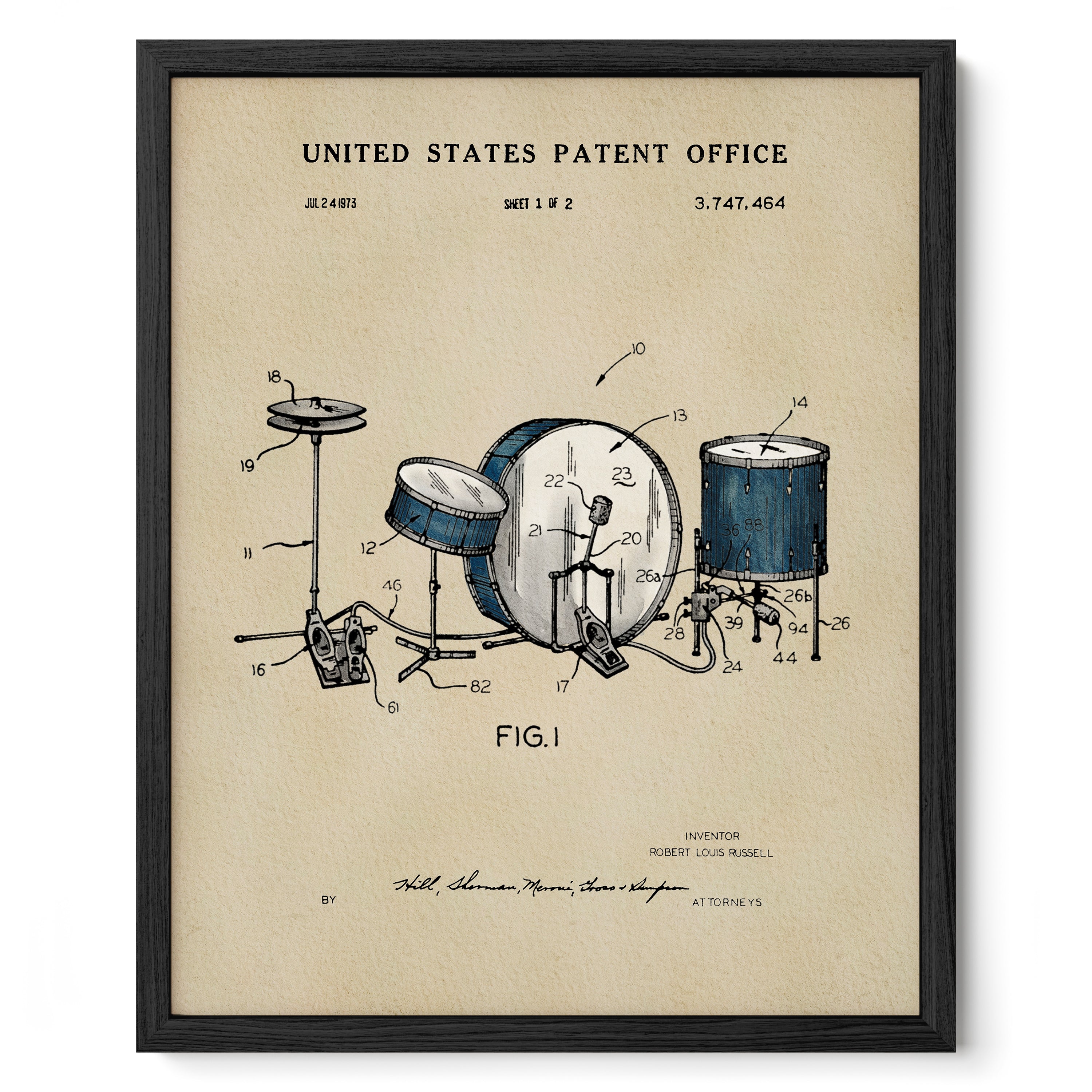 The image is a framed print depicting a drum set, specifically a bass drum and a snare drum, with a United States Patent Office patent illustration.