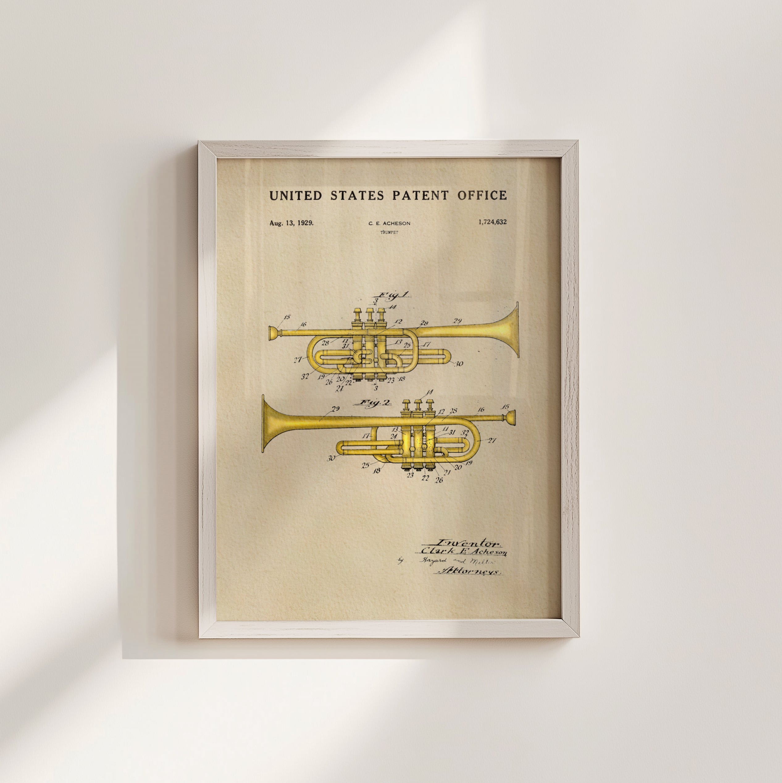 The image is a framed patent drawing of a trumpet, depicting the design and features of the instrument.
