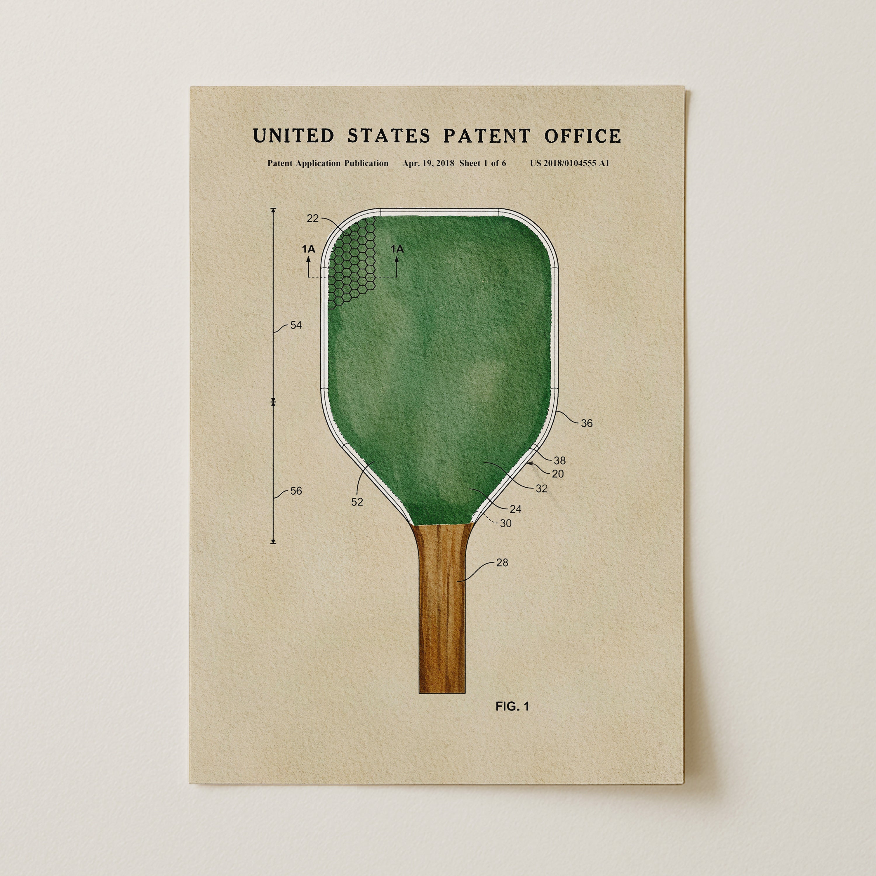 The image is a patent office patent drawing depicting a paddleboard with a green paddle and a wooden handle.