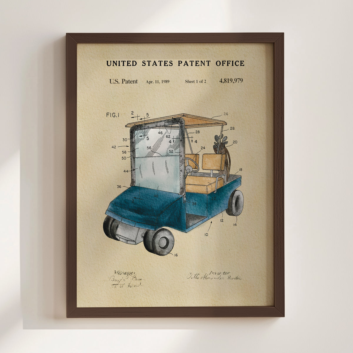 The image is a framed patent drawing of a golf cart, depicting the design and features of the vehicle.