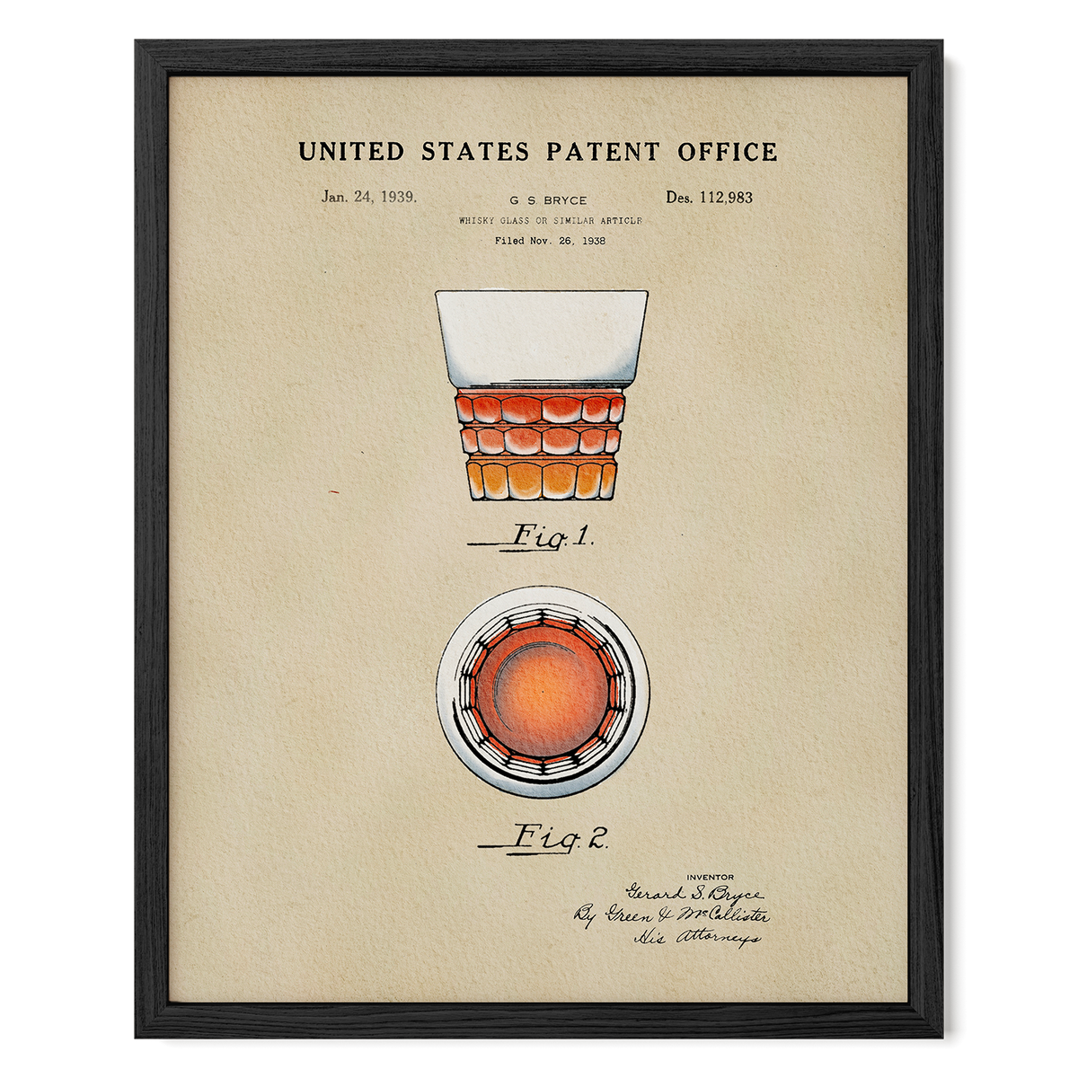 The image is a framed patent drawing depicting a whiskey glass, with the title "United States Patent Office" and the date "Jan. 24, 1933" at the top. The drawing shows a whiskey glass with a white base and a red and orange striped pattern on the sides. The drawing is labeled "Fig. 1" and "Fig. 2", and the artist's signature is present.